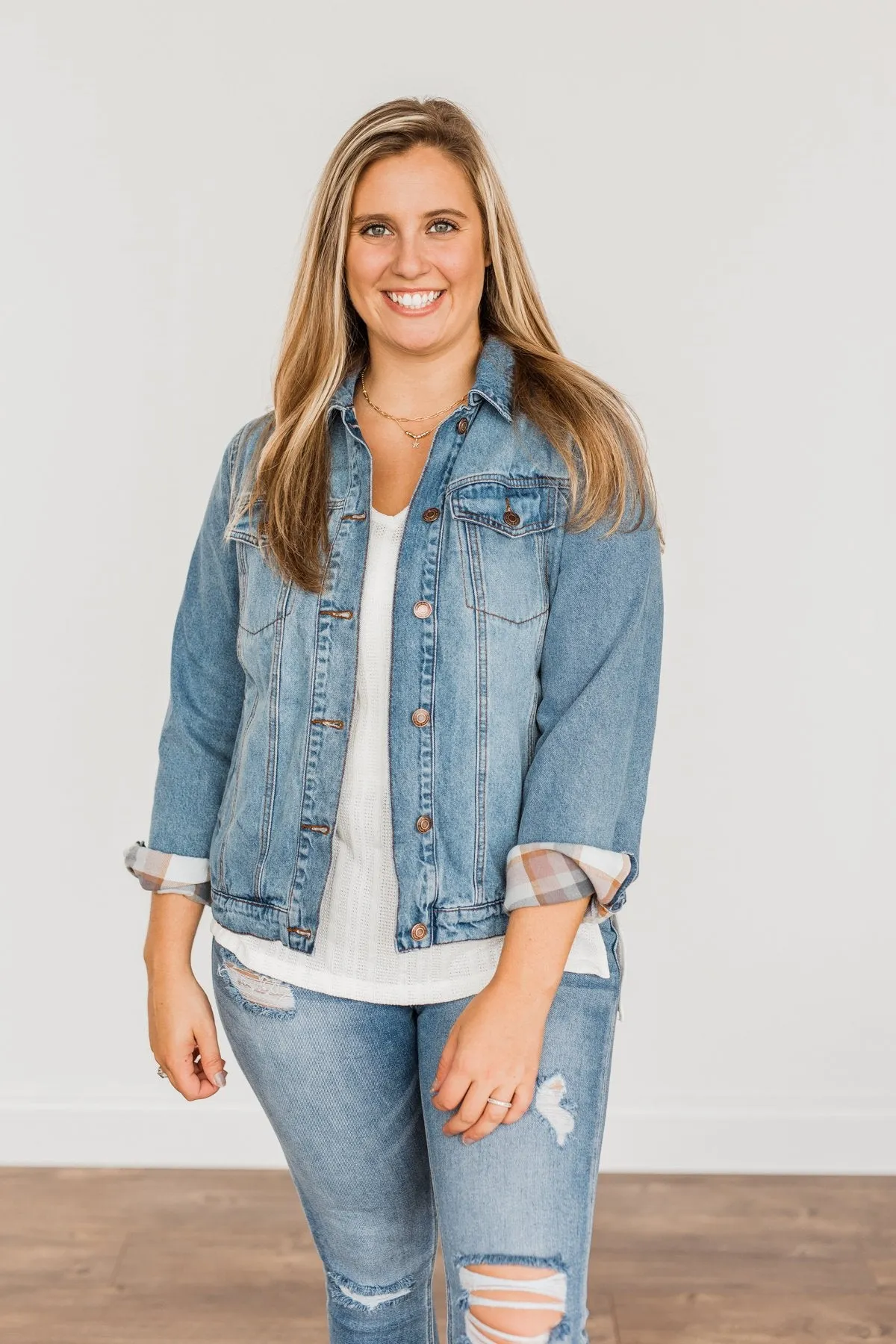 Truly A Charmer Button Down Denim Jacket- Denim & Plaid