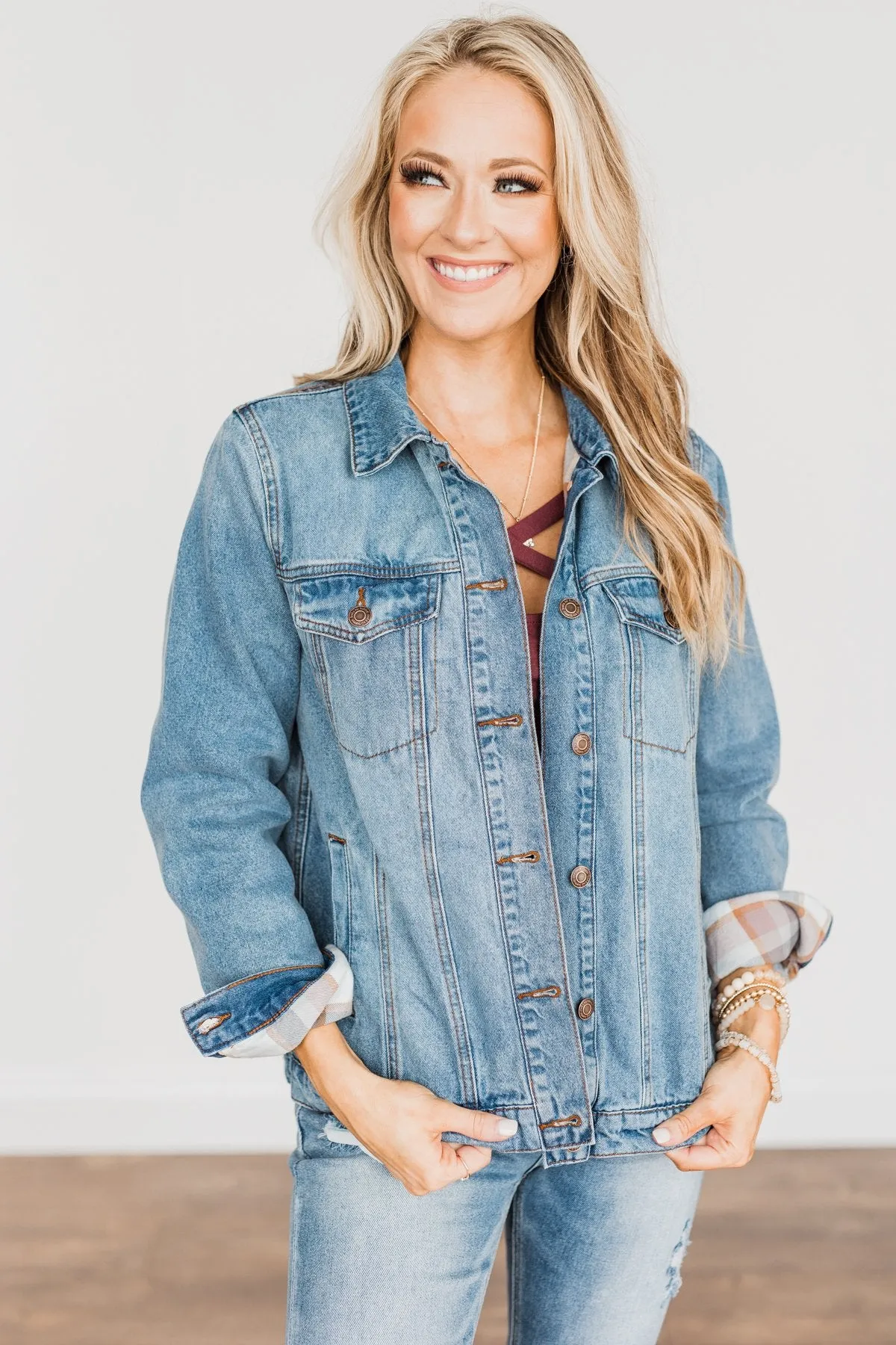 Truly A Charmer Button Down Denim Jacket- Denim & Plaid