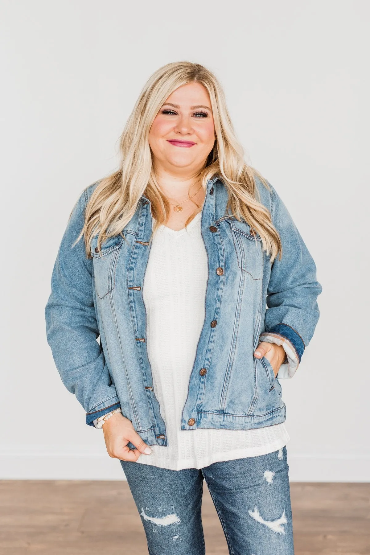 Truly A Charmer Button Down Denim Jacket- Denim & Plaid