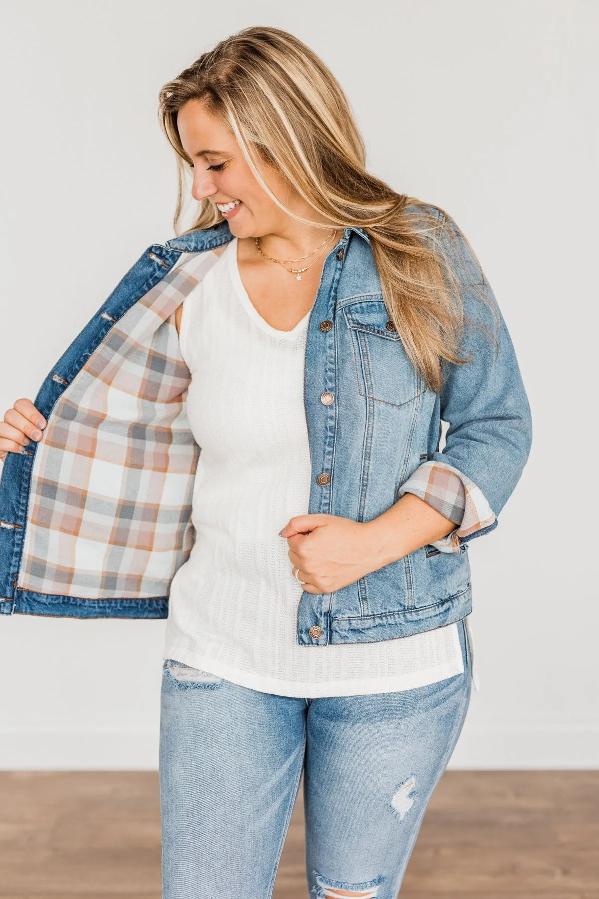 Truly A Charmer Button Down Denim Jacket- Denim & Plaid