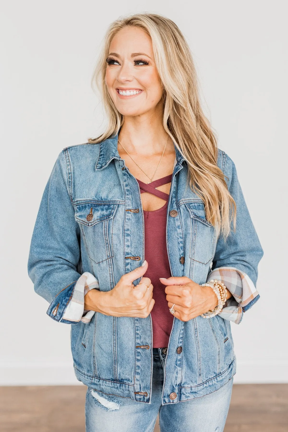 Truly A Charmer Button Down Denim Jacket- Denim & Plaid