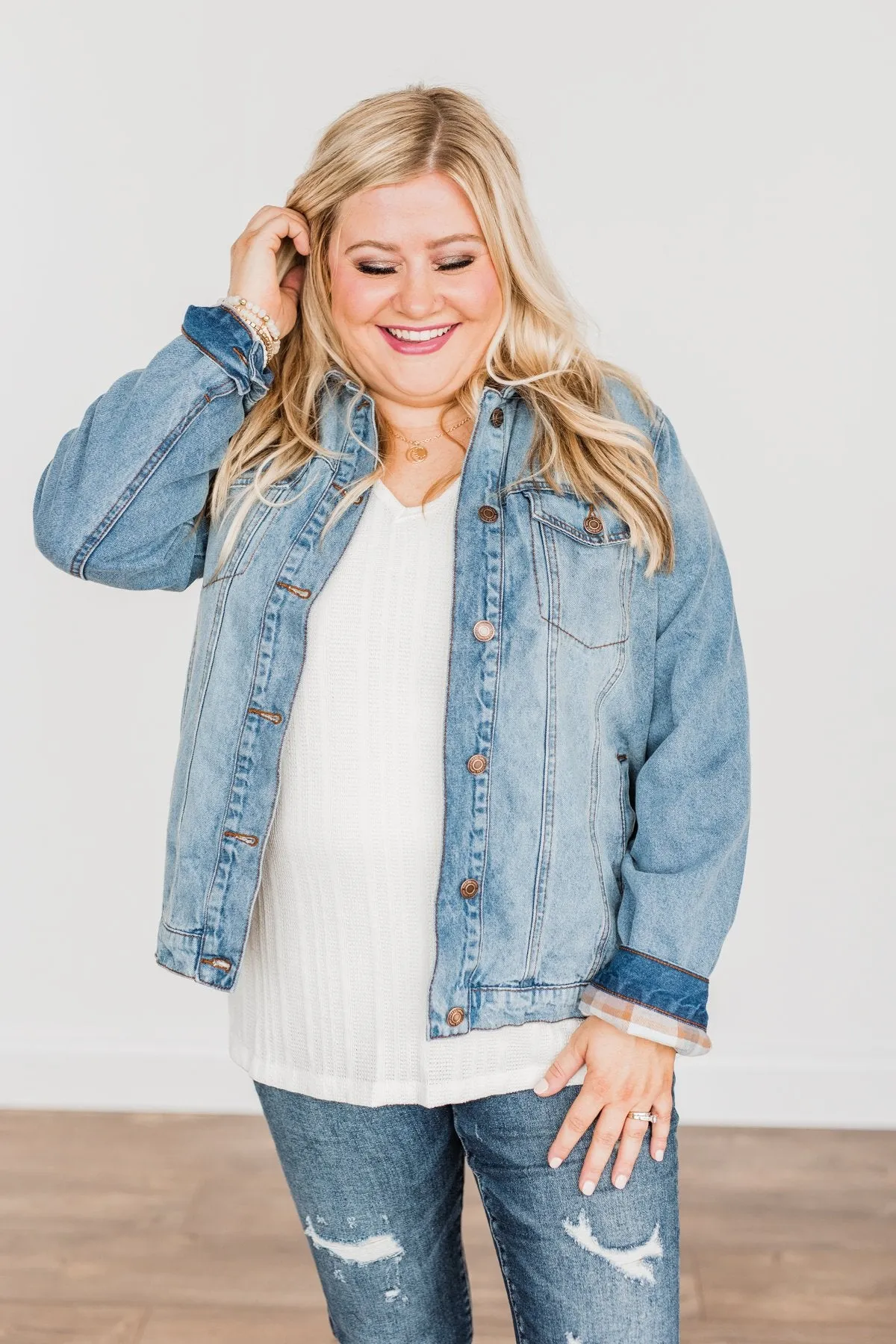 Truly A Charmer Button Down Denim Jacket- Denim & Plaid