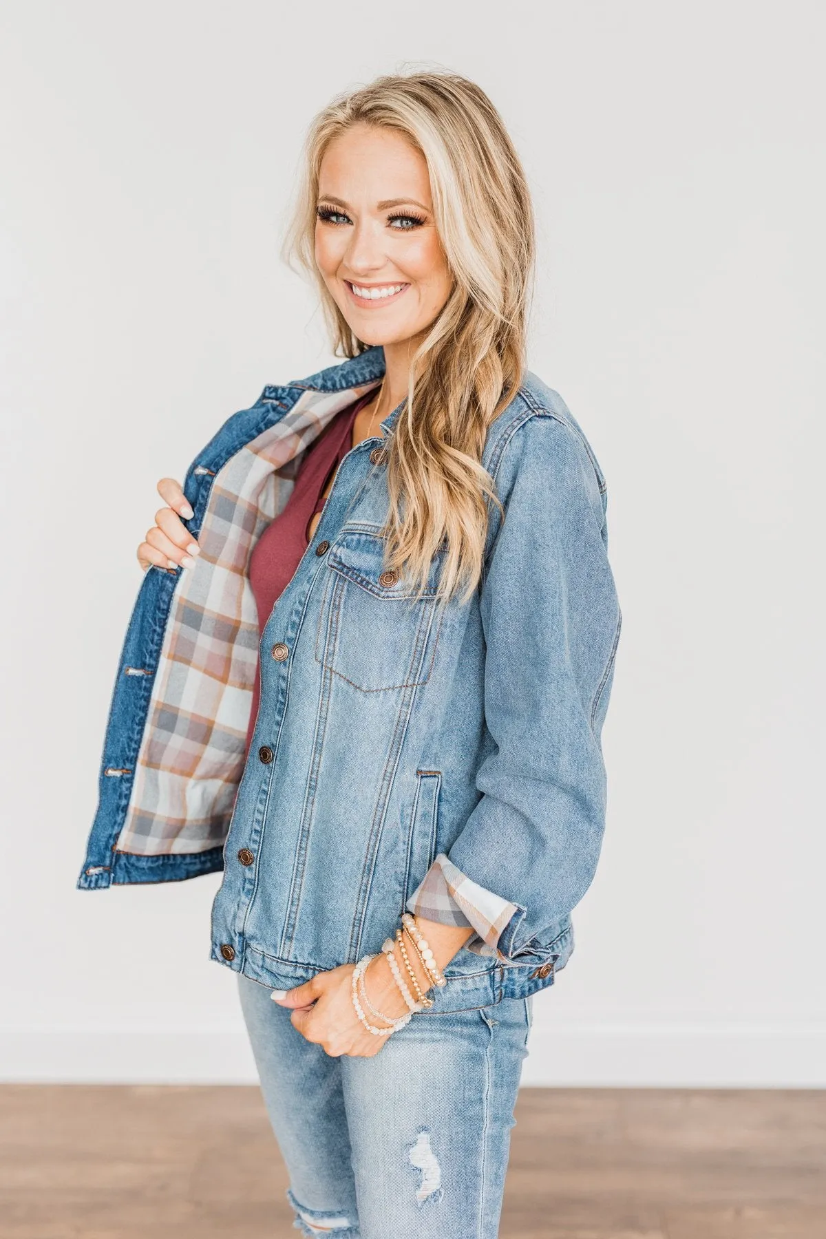 Truly A Charmer Button Down Denim Jacket- Denim & Plaid