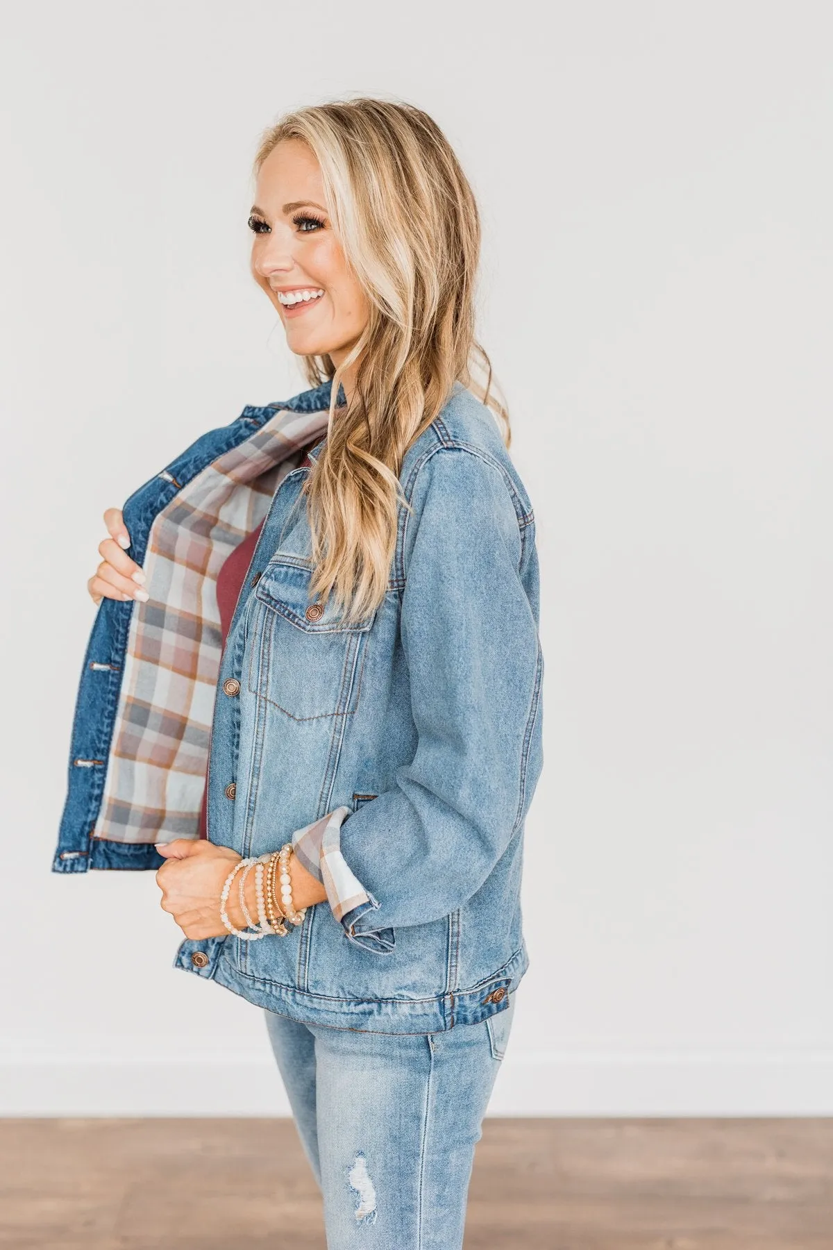 Truly A Charmer Button Down Denim Jacket- Denim & Plaid