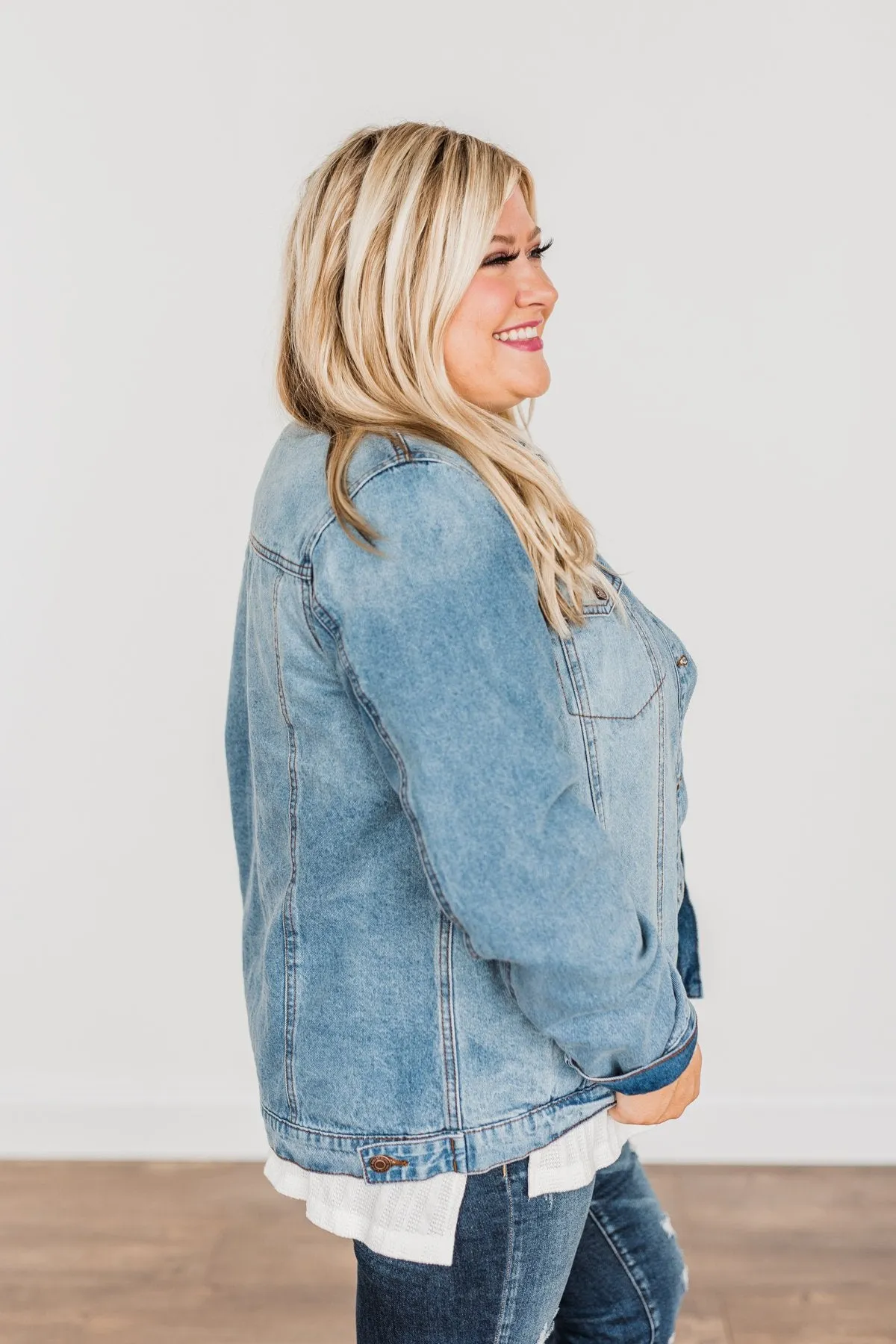 Truly A Charmer Button Down Denim Jacket- Denim & Plaid