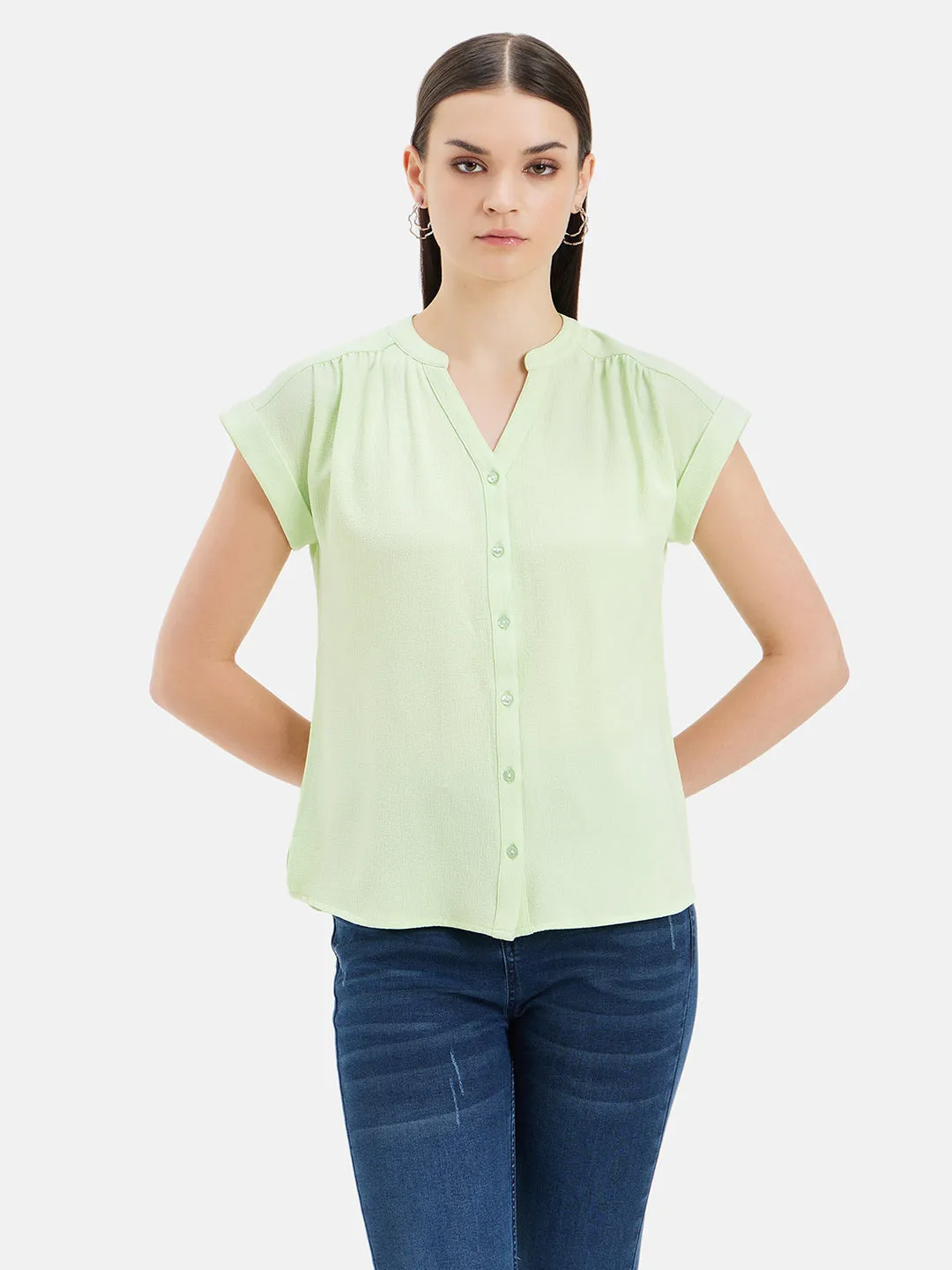 V-Neck Top With Turn-Up Sleeves