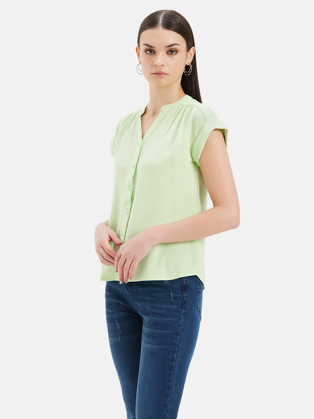 V-Neck Top With Turn-Up Sleeves