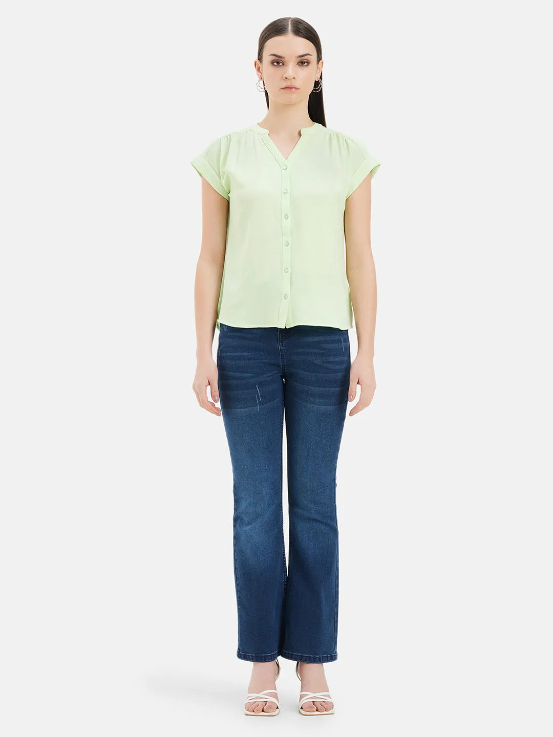 V-Neck Top With Turn-Up Sleeves