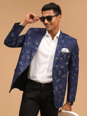 VASTRAMAY Men's Navy Blue Cotton Blend Printed Design Blazer