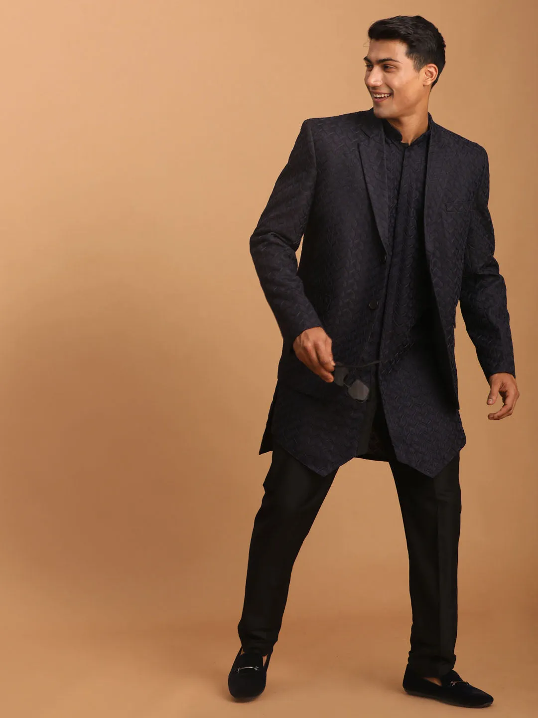 Vastramay Men's Navy Blue Woven Blazer And Kurta Pant Set