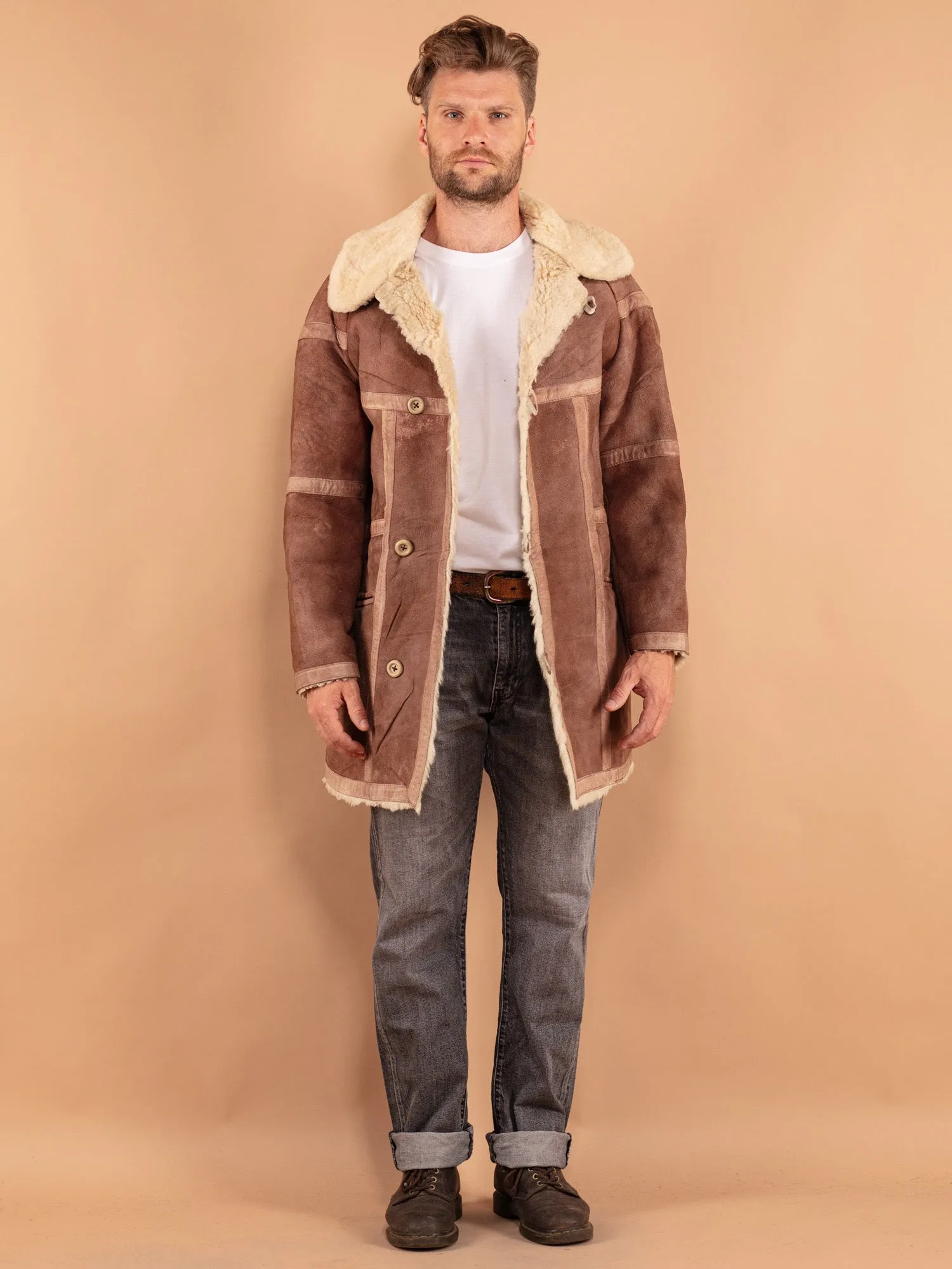 Vintage 70's Men Sheepskin Coat in Beige Brown