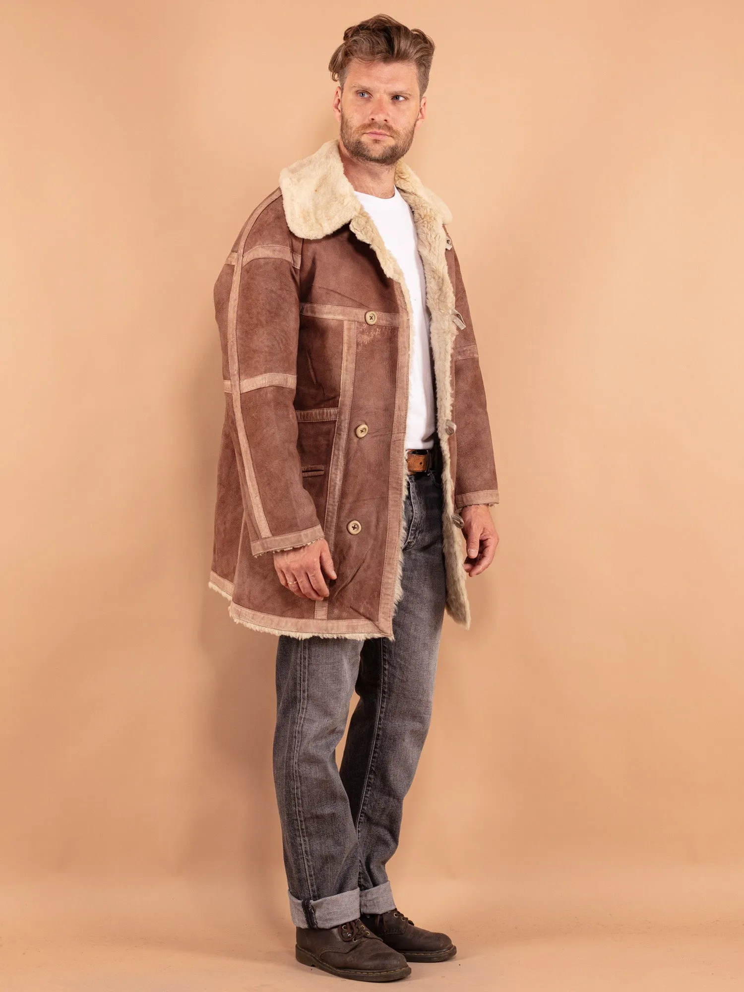 Vintage 70's Men Sheepskin Coat in Beige Brown