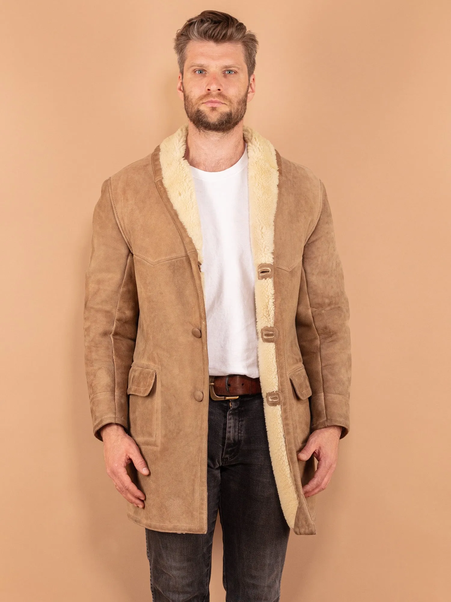 Vintage 70's Men Sheepskin Coat in Beige