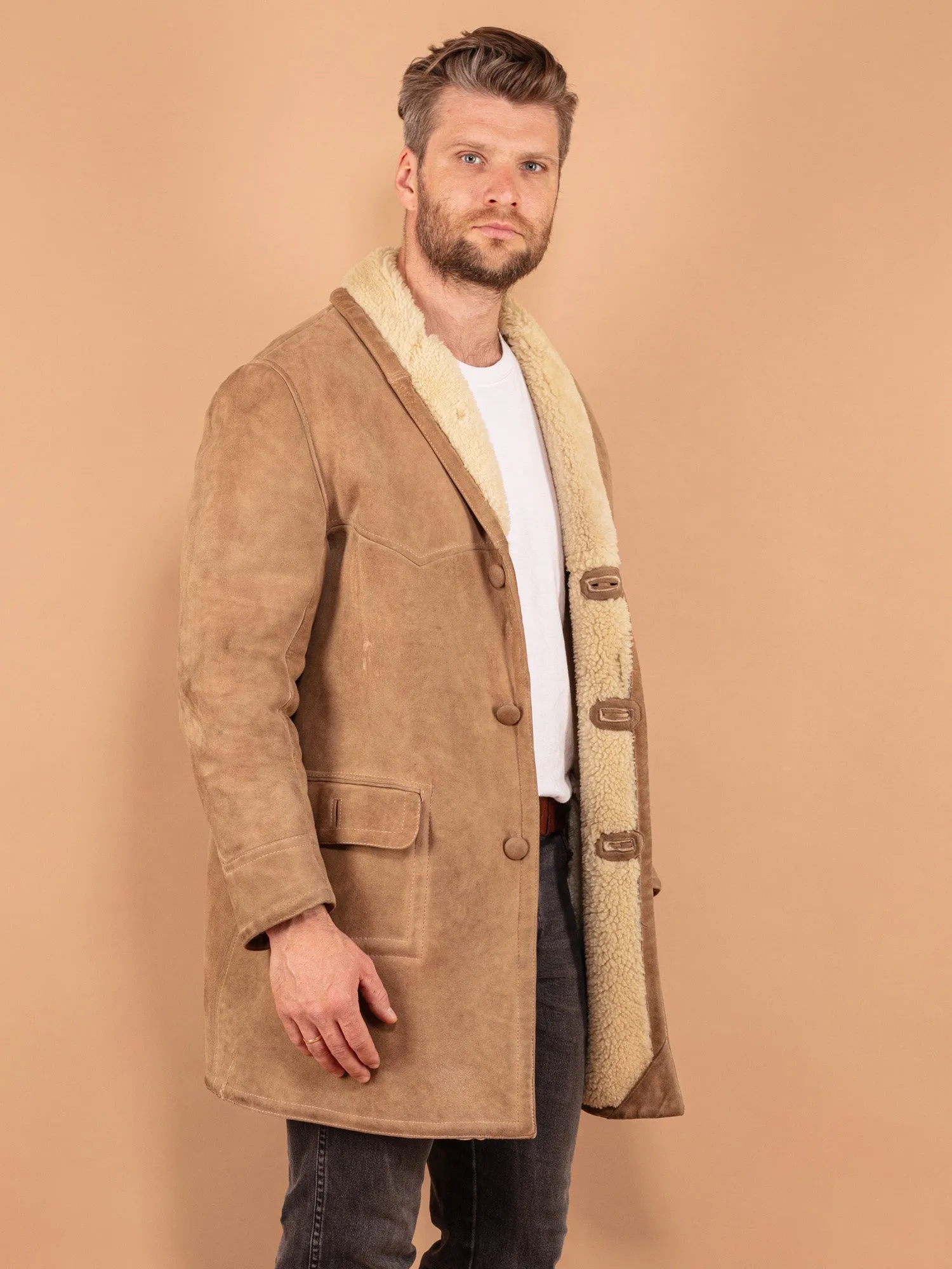 Vintage 70's Men Sheepskin Coat in Beige