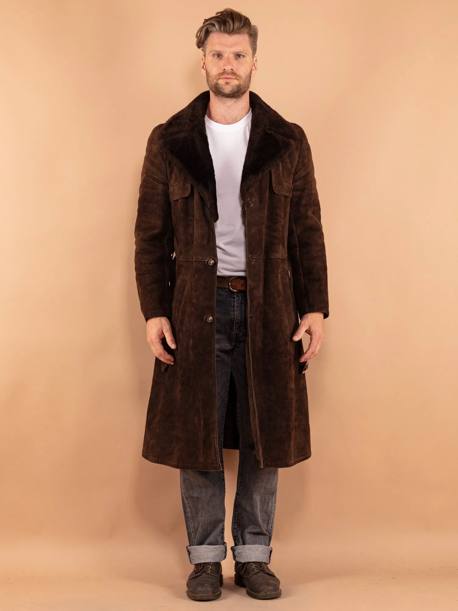 Vintage 70's Men Sheepskin Long Coat in Brown