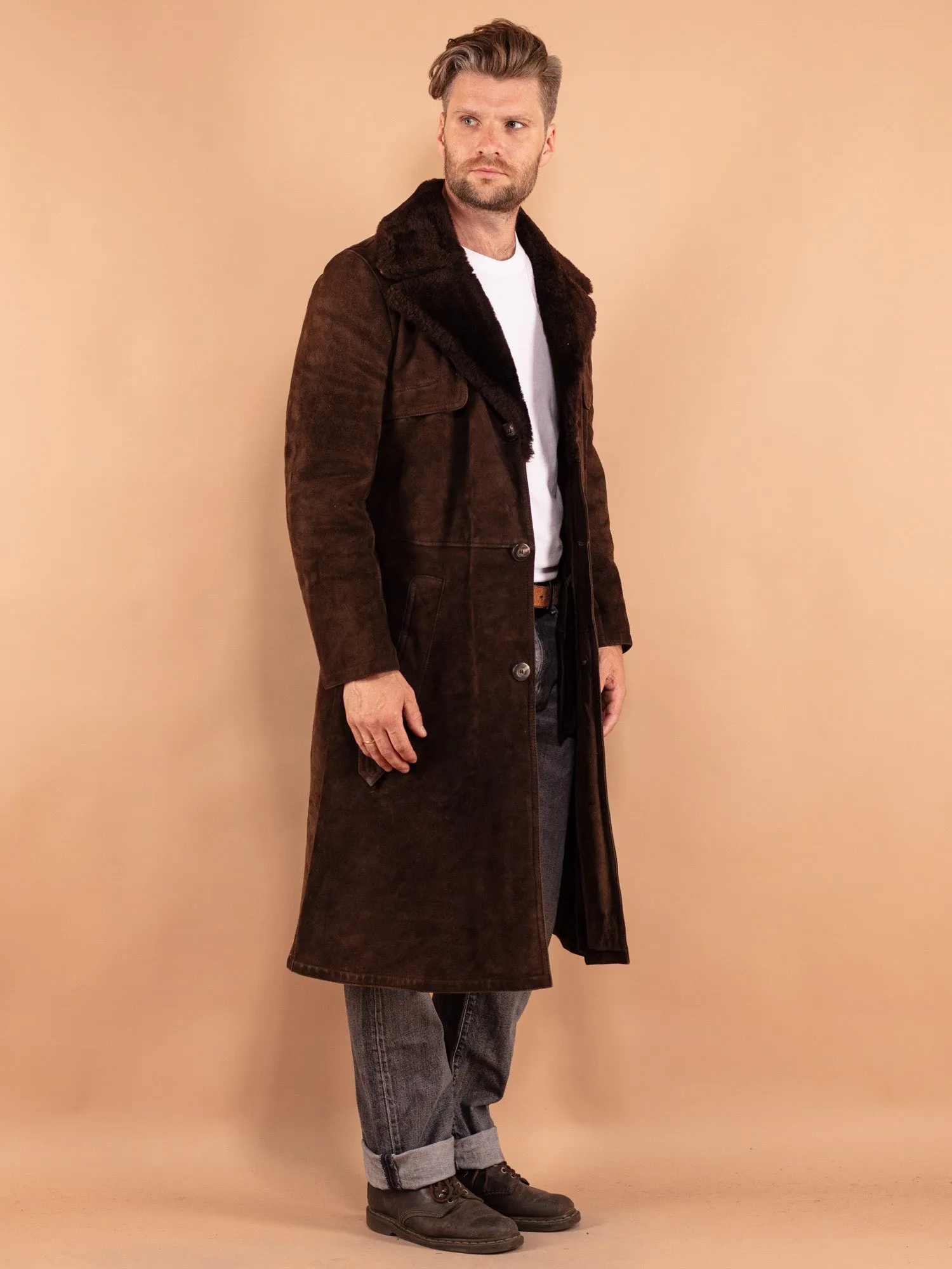 Vintage 70's Men Sheepskin Long Coat in Brown