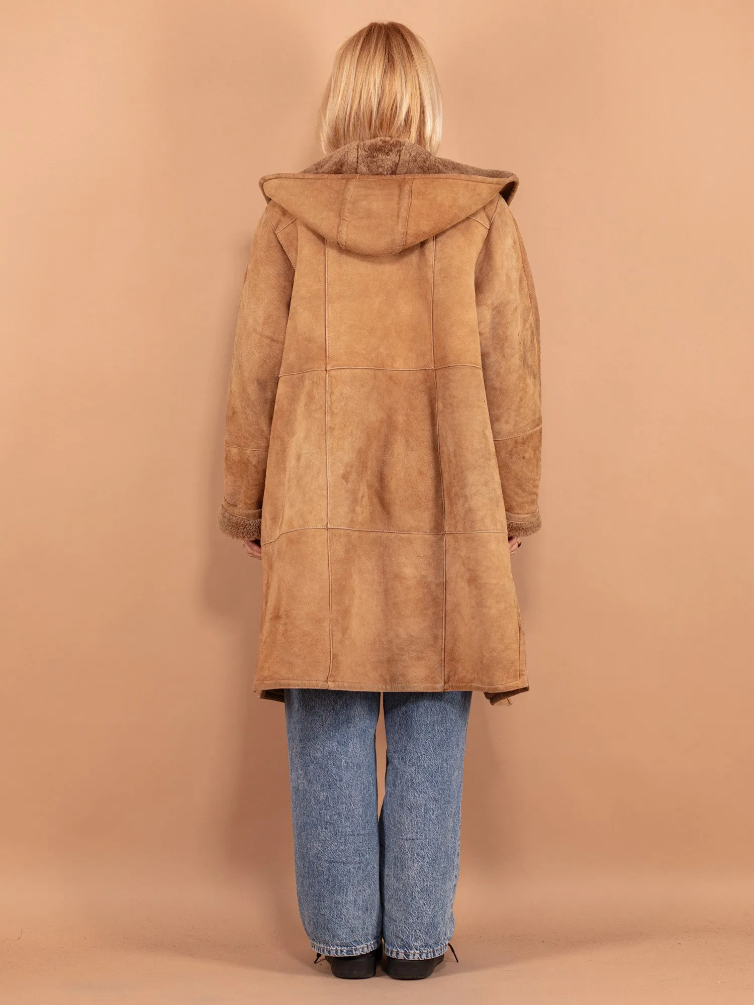 Vintage 70's Women Hooded Sheepskin Coat in Beige