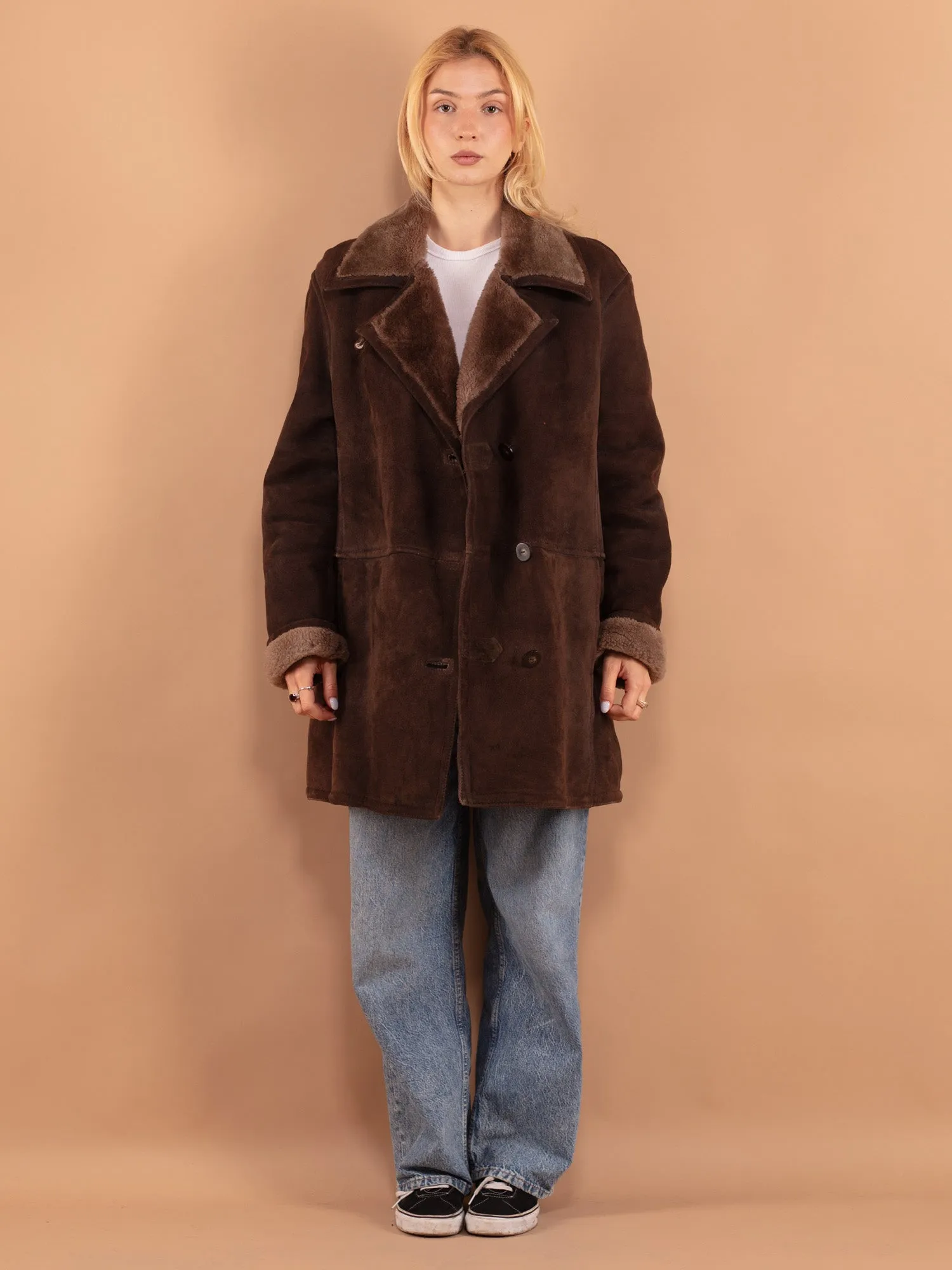 Vintage 70's Women Oversized Sheepskin Coat in Brown