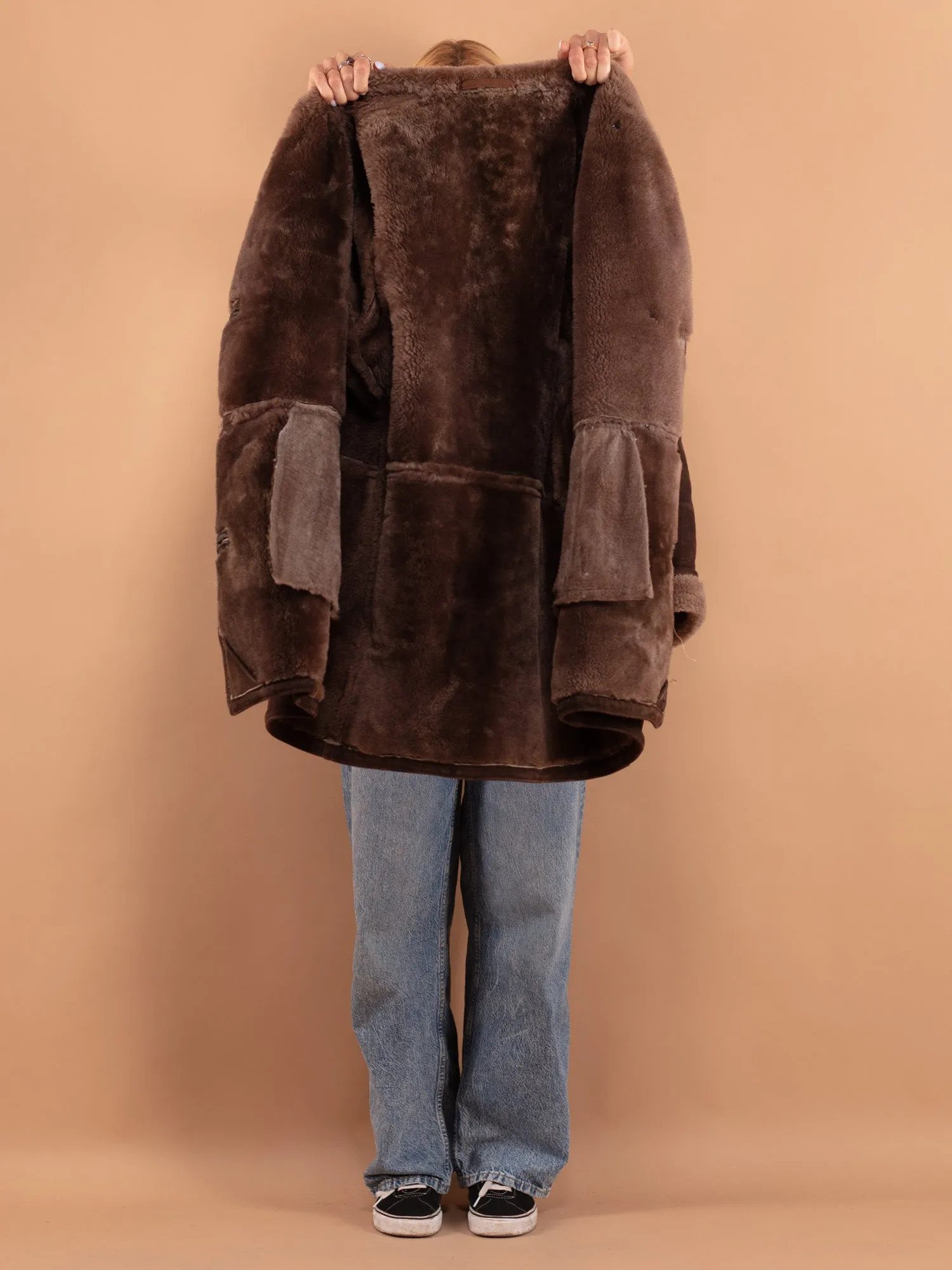 Vintage 70's Women Oversized Sheepskin Coat in Brown