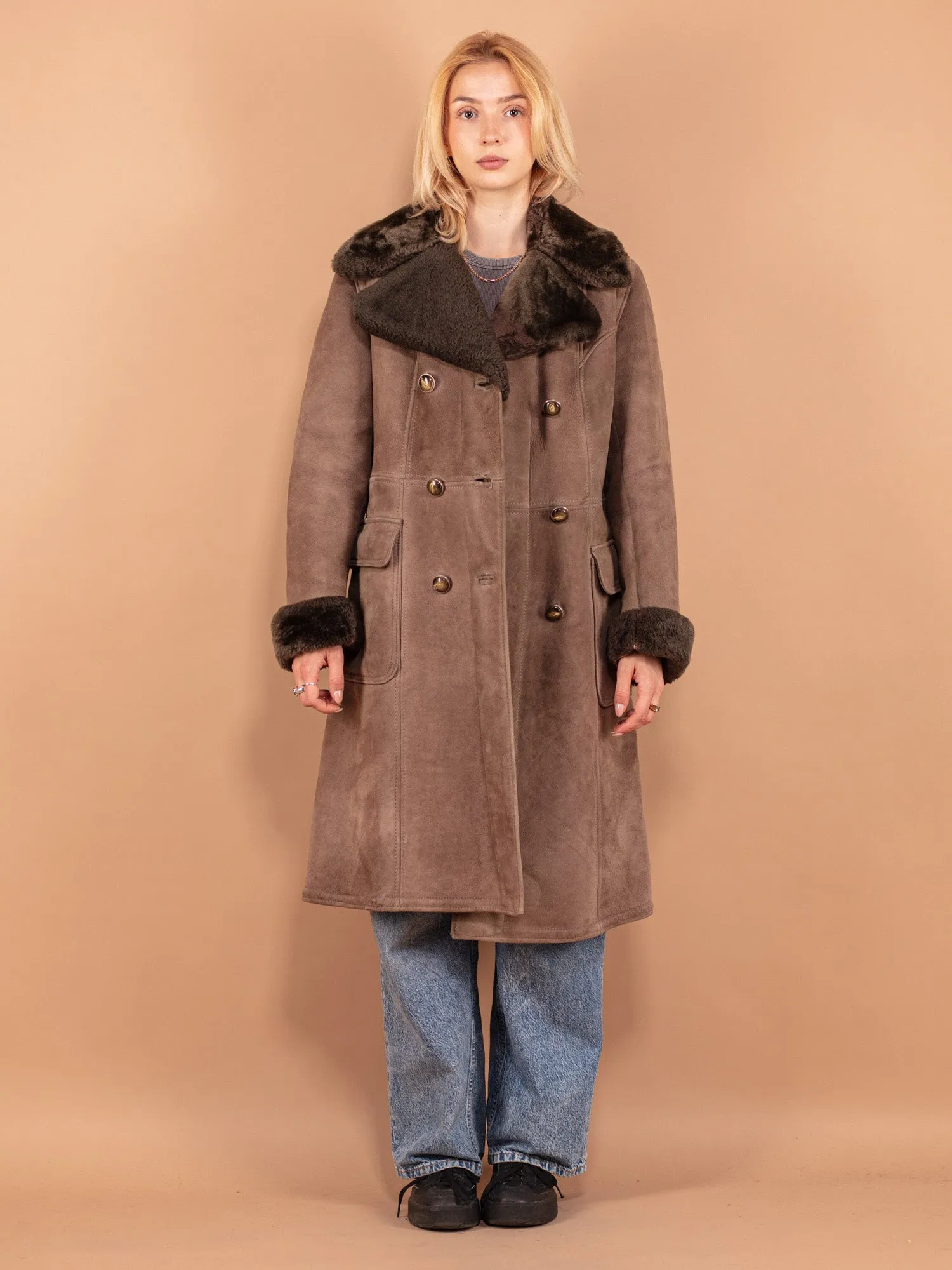 Vintage 70's Women Sheepskin Coat in Beige Brown