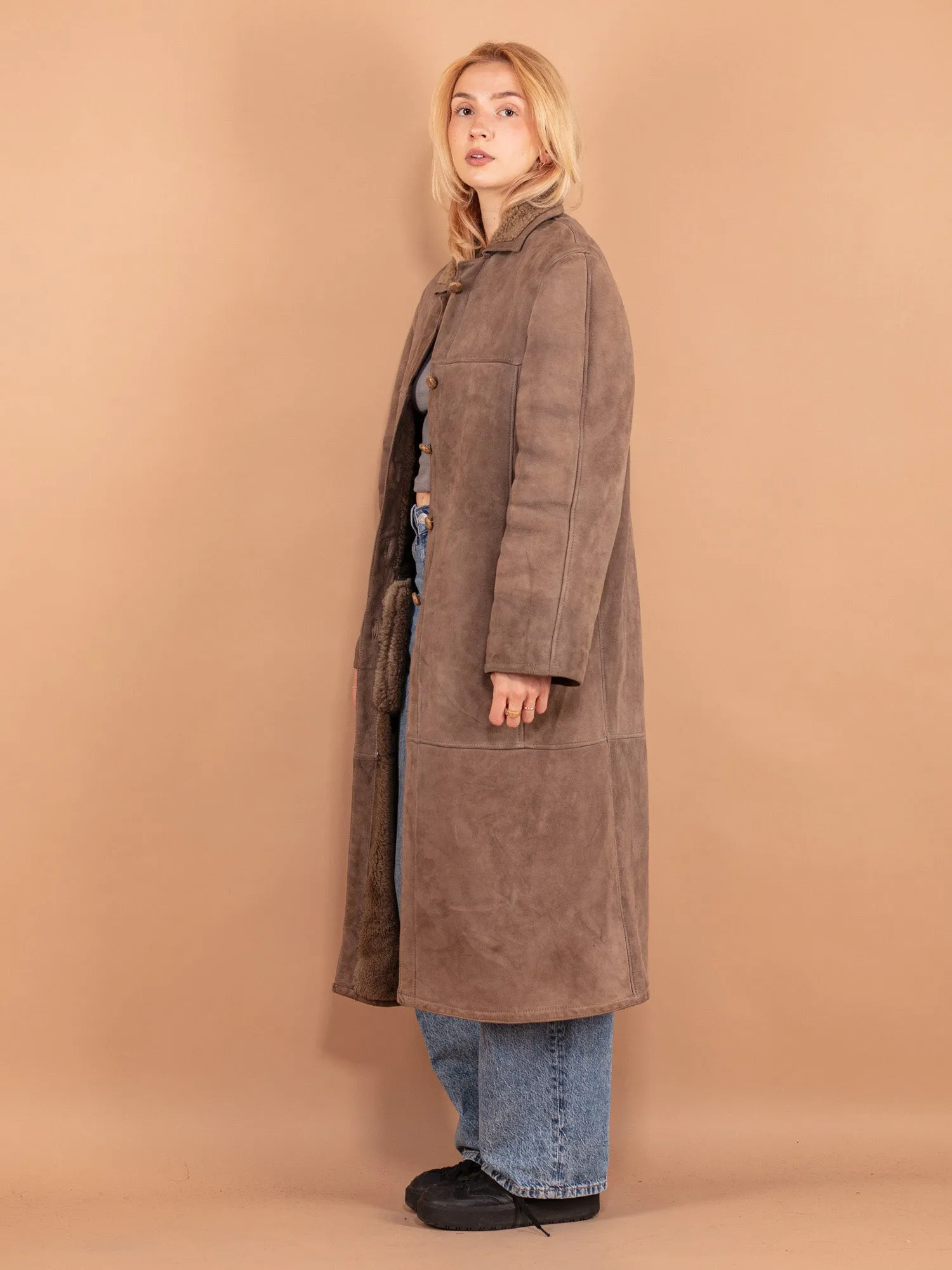 Vintage 70's Women Sheepskin Long Coat in Beige