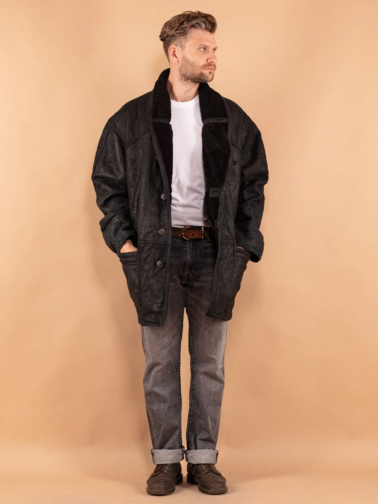 Vintage 80's Men Oversized Sheepskin Coat in Black