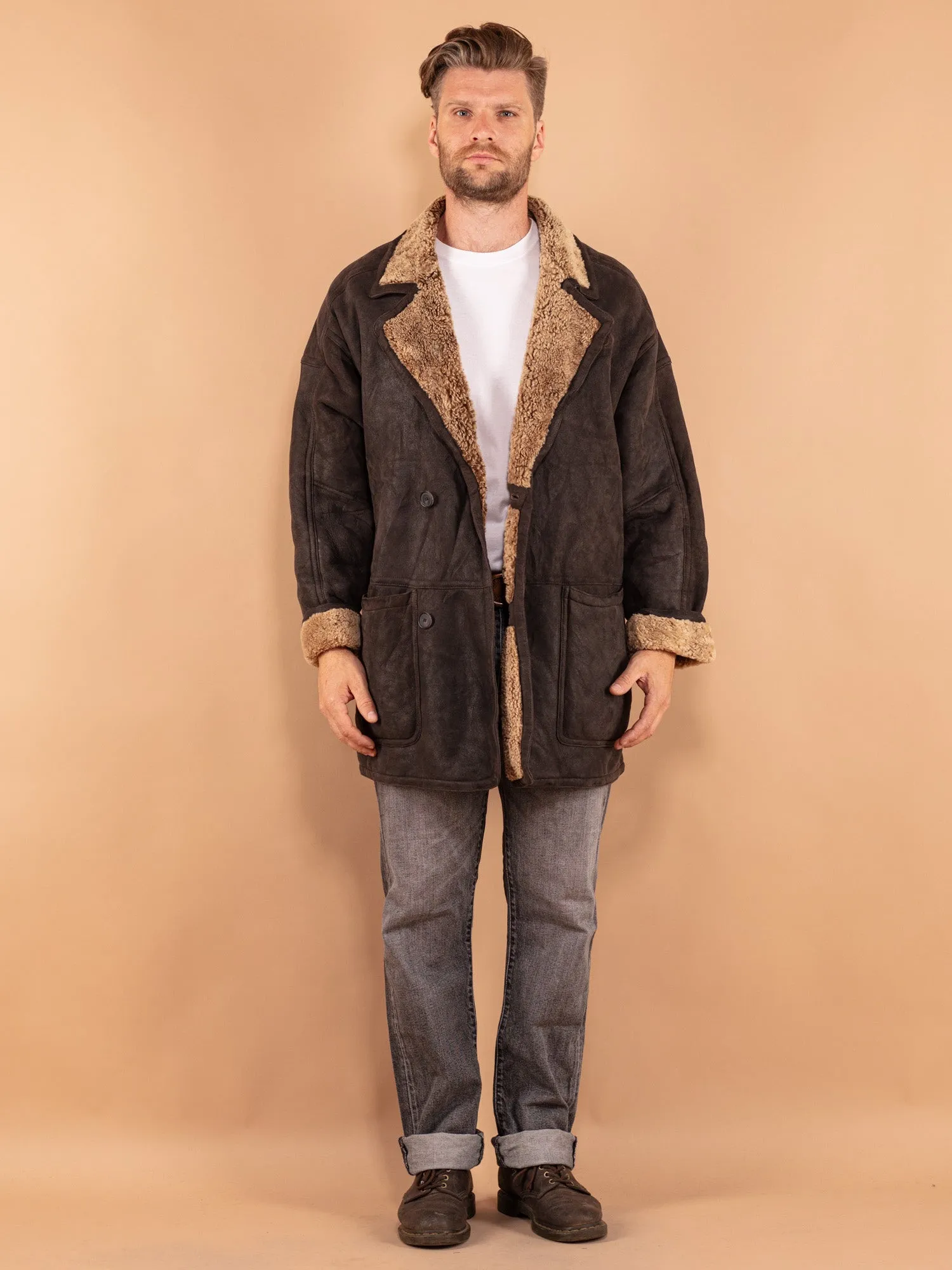 Vintage 80's Men Oversized Sheepskin Coat in Brown