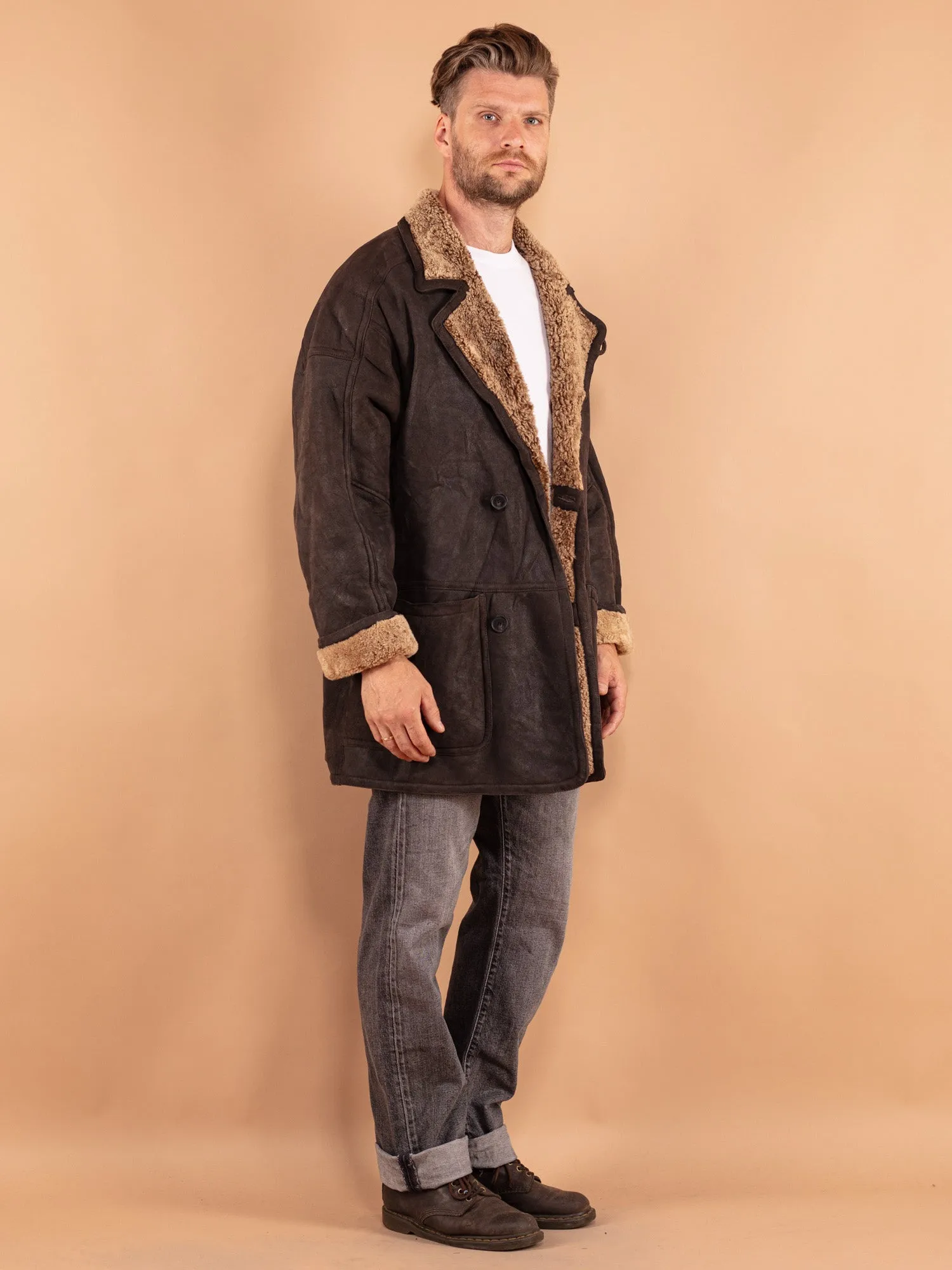 Vintage 80's Men Oversized Sheepskin Coat in Brown