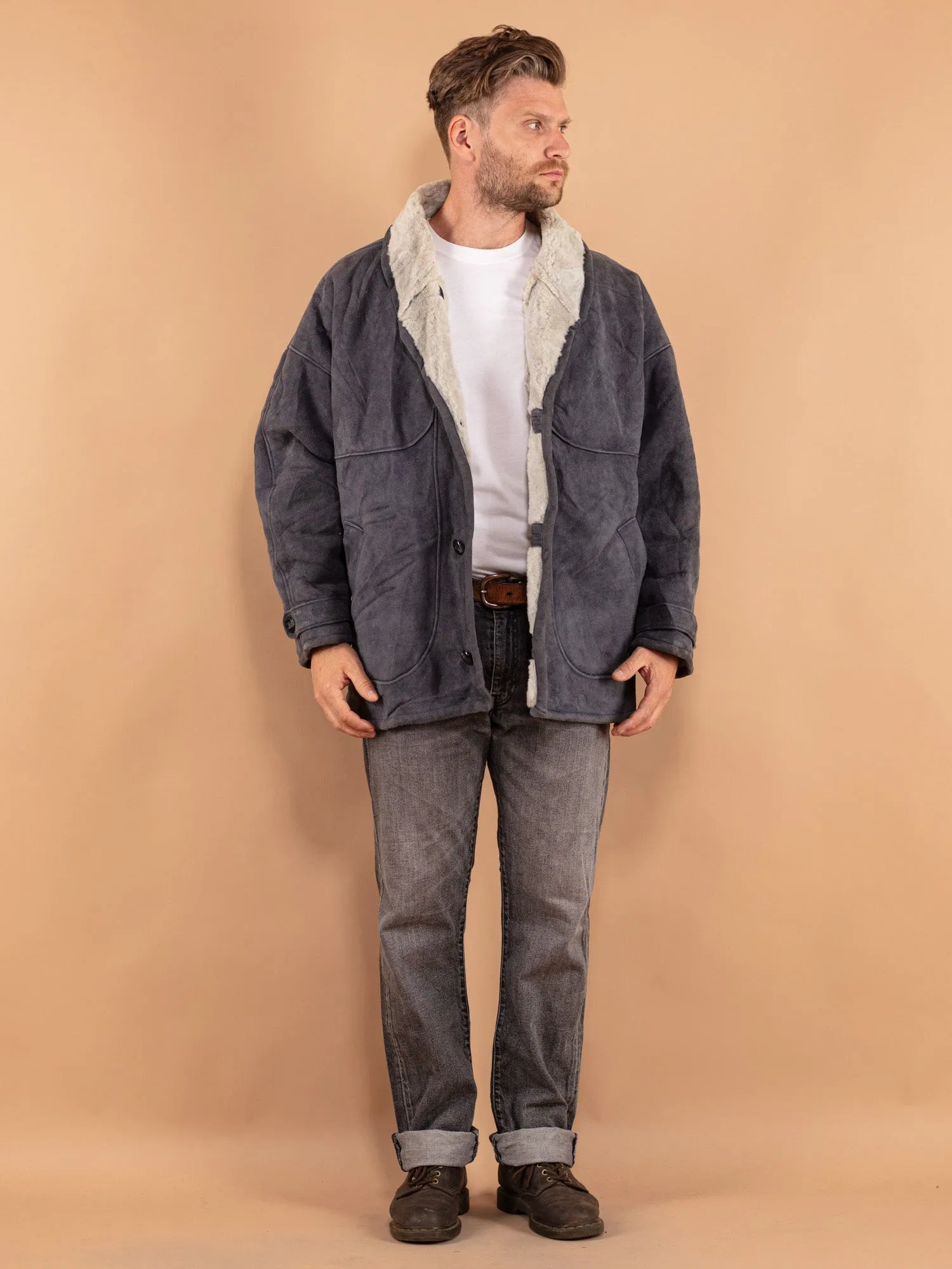 Vintage 80's Men Oversized Sheepskin Coat in Gray