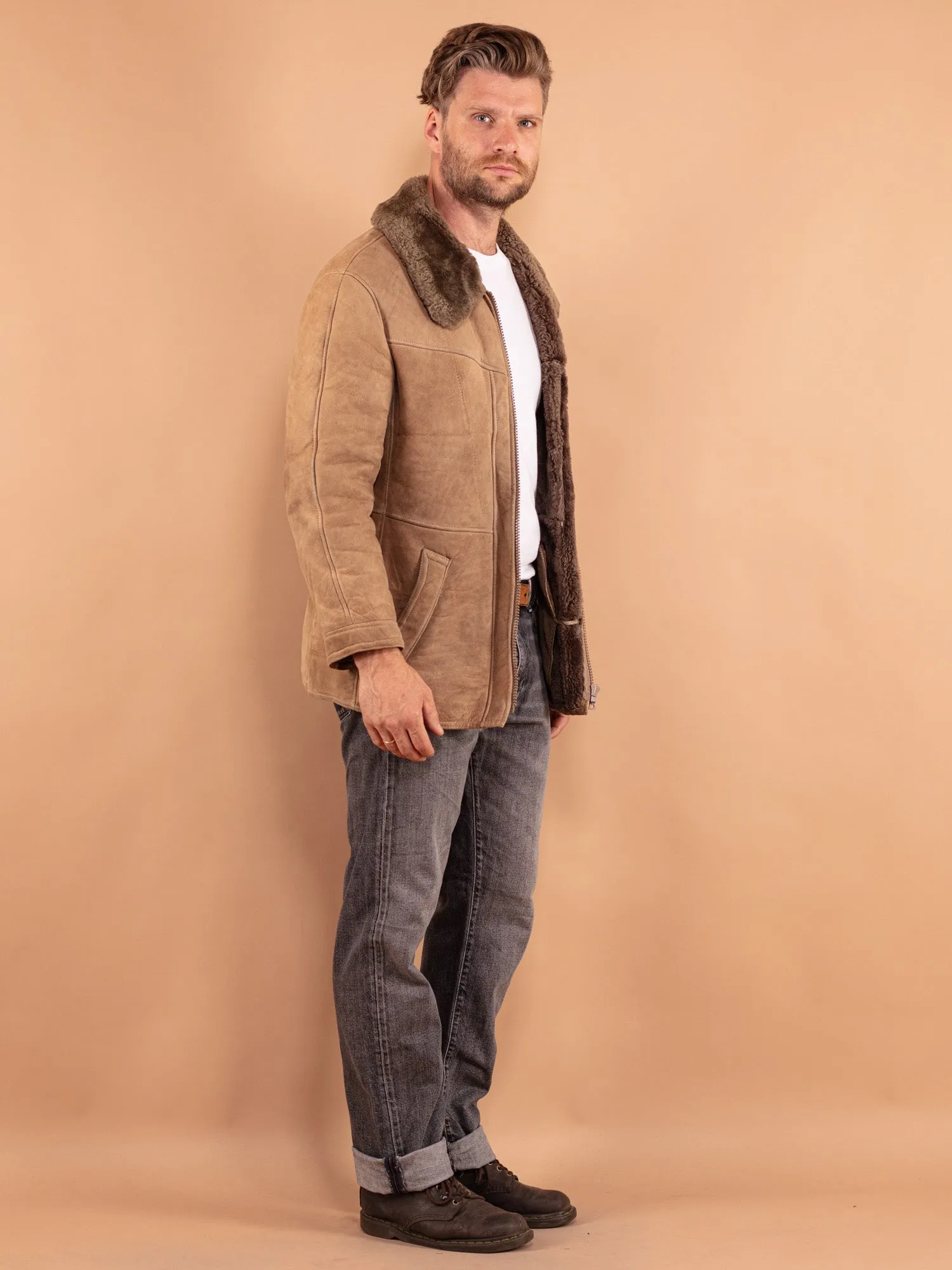 Vintage 80's Men Sheepskin Coat in Brown Beige