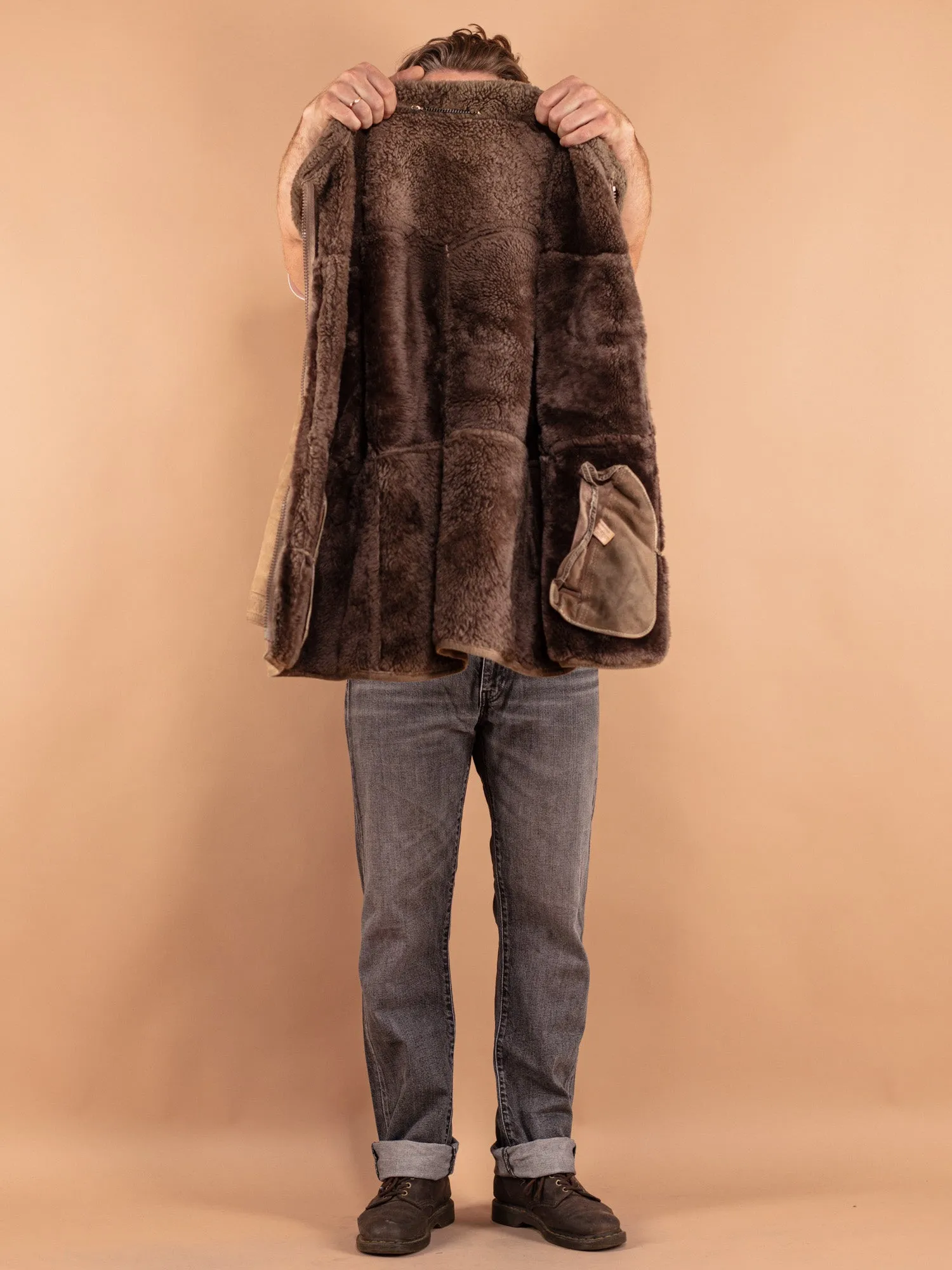 Vintage 80's Men Sheepskin Coat in Brown Beige