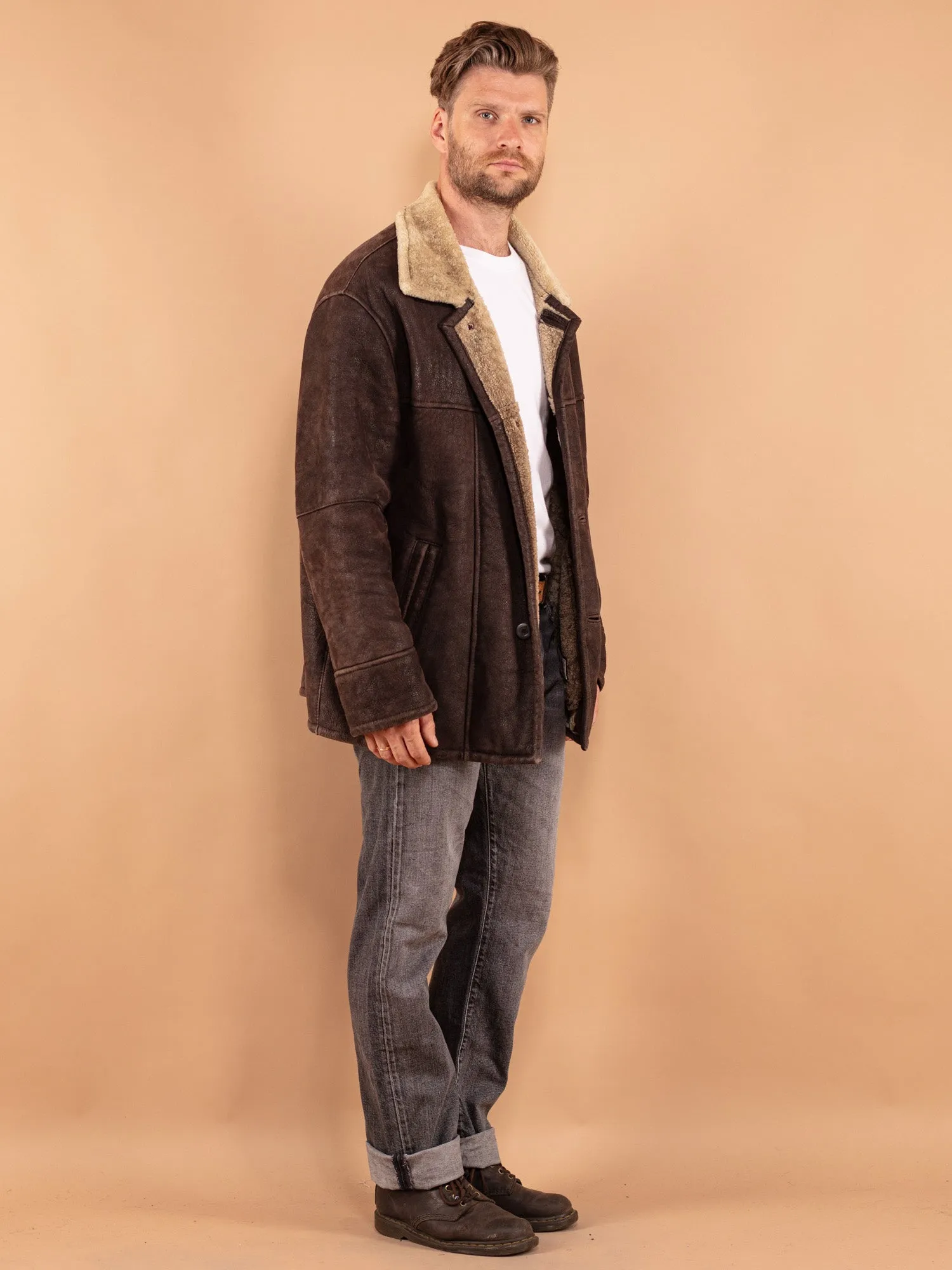 Vintage 80's Men Sheepskin Coat in Brown