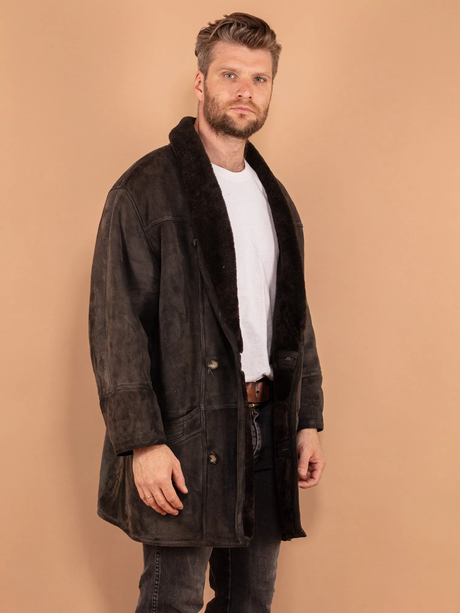 Vintage 80's Men Sheepskin Coat in Gray