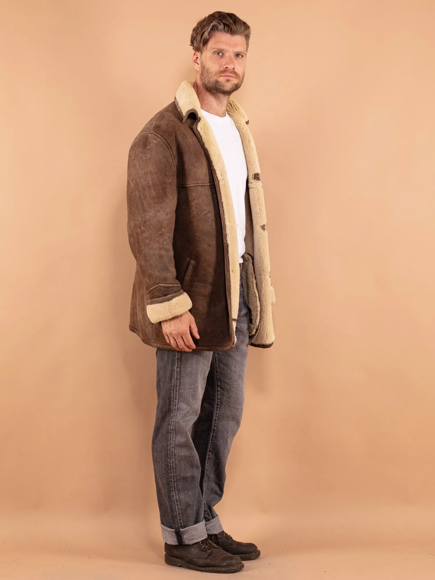 Vintage 80's Men Sheepskin Coat in Rustic Brown