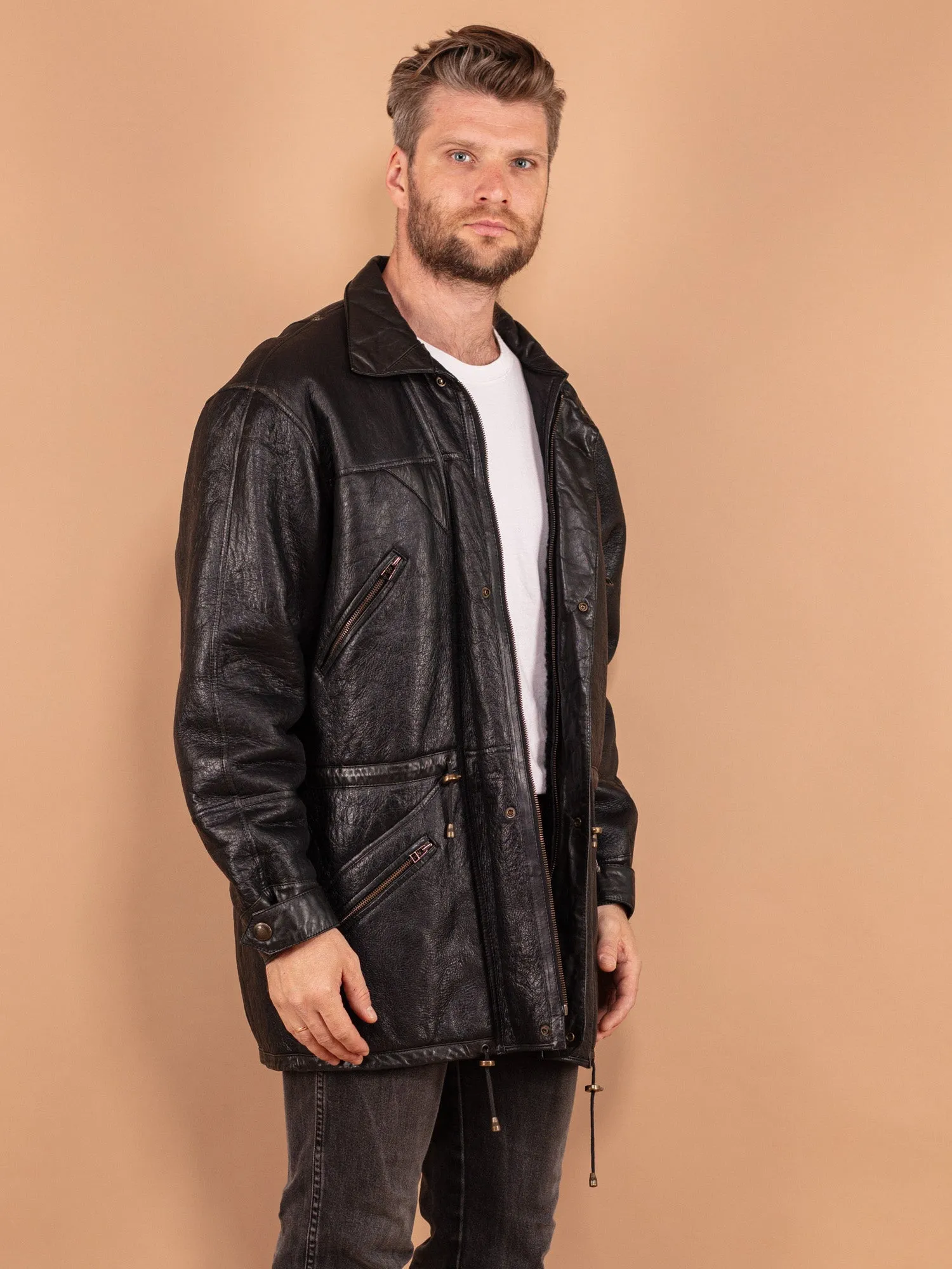 Vintage 80's Men Sheepskin Leather Coat in Black