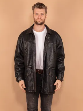 Vintage 80's Men Sheepskin Leather Coat in Black