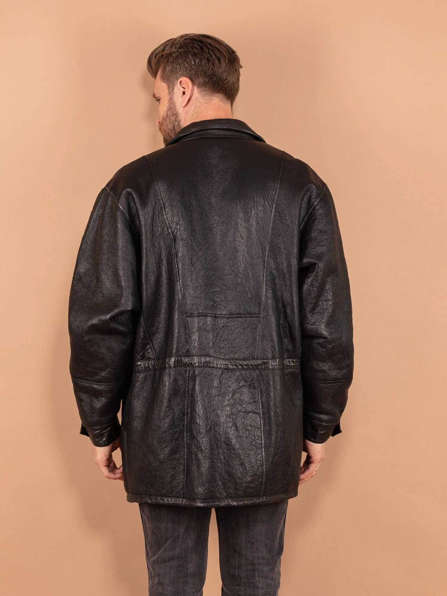 Vintage 80's Men Sheepskin Leather Coat in Black