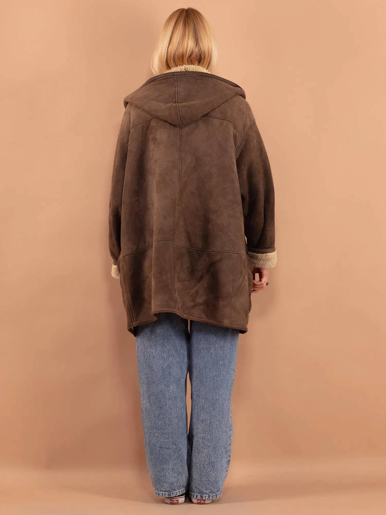 Vintage 80's Women Hooded Sheepskin Coat in Brown