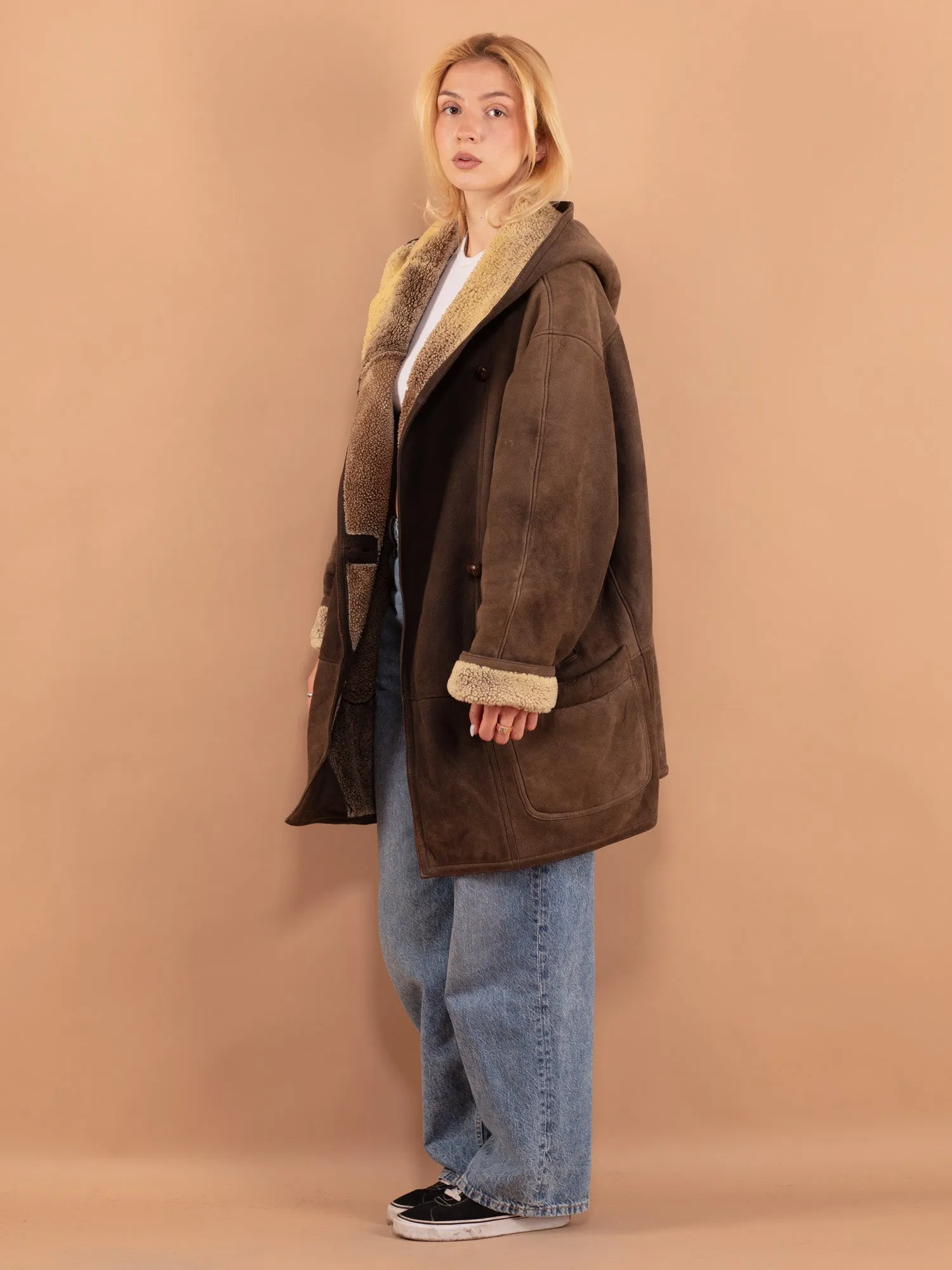 Vintage 80's Women Hooded Sheepskin Coat in Brown