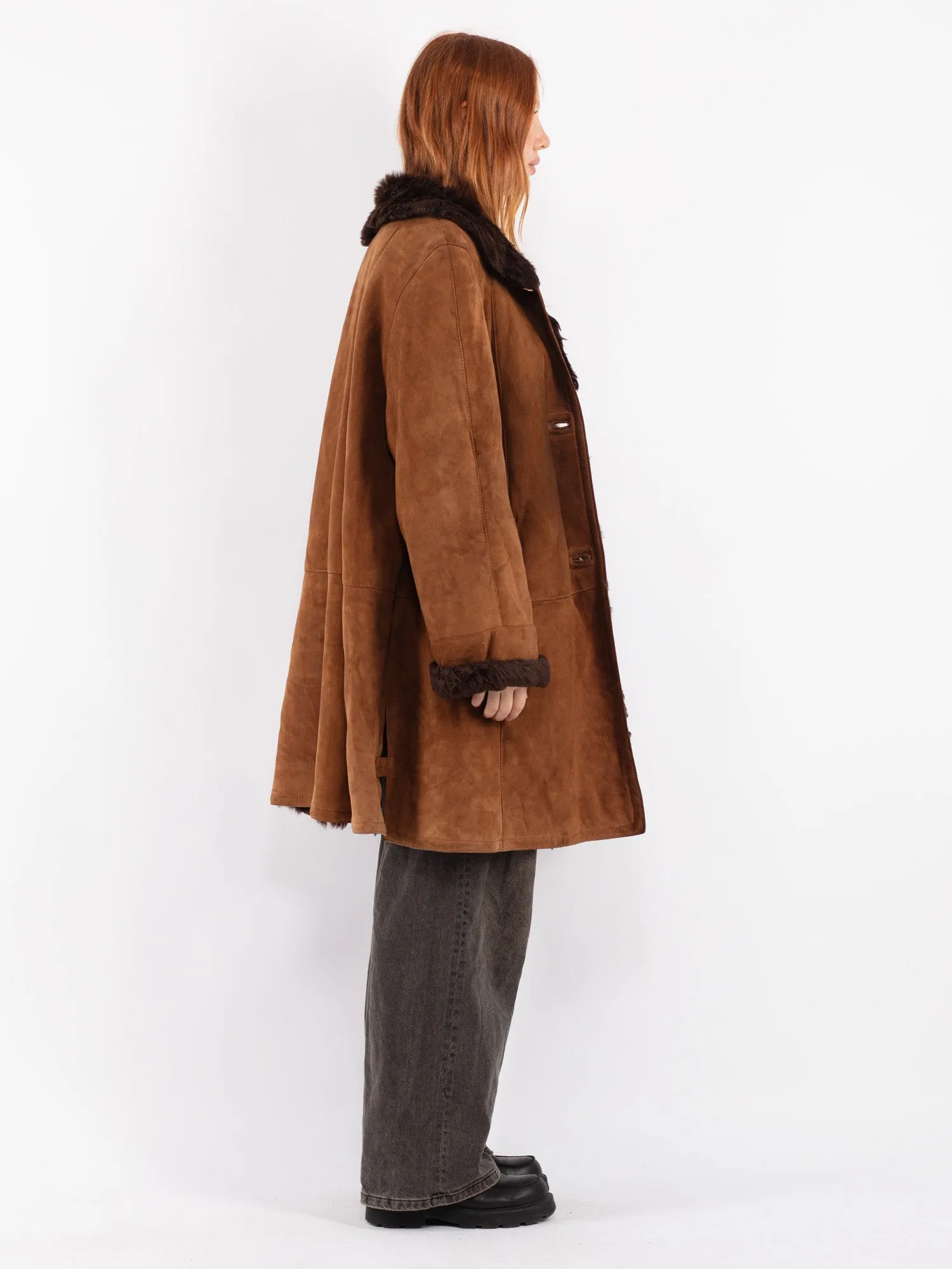 Vintage 80's Women Sheepskin Shearling Coat in Brown