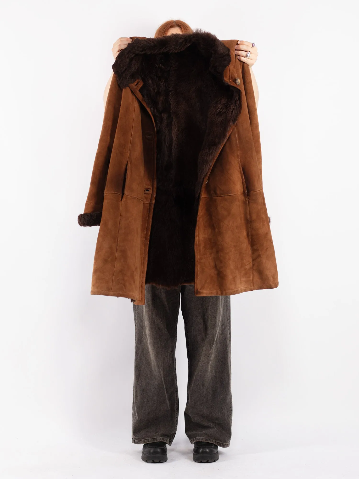 Vintage 80's Women Sheepskin Shearling Coat in Brown