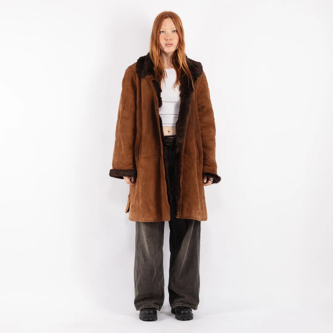 Vintage 80's Women Sheepskin Shearling Coat in Brown