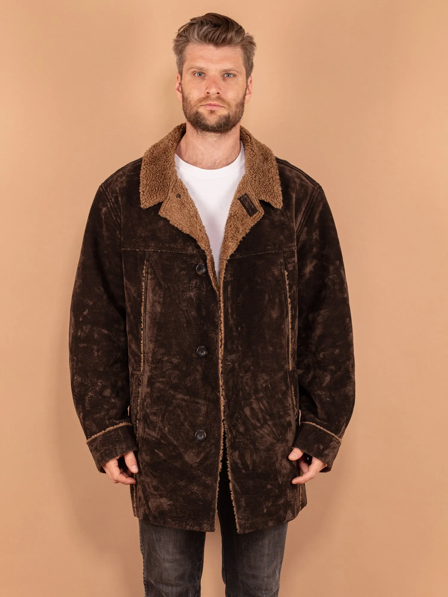 Vintage 90's Men Faux Sheepskin Coat in Brown