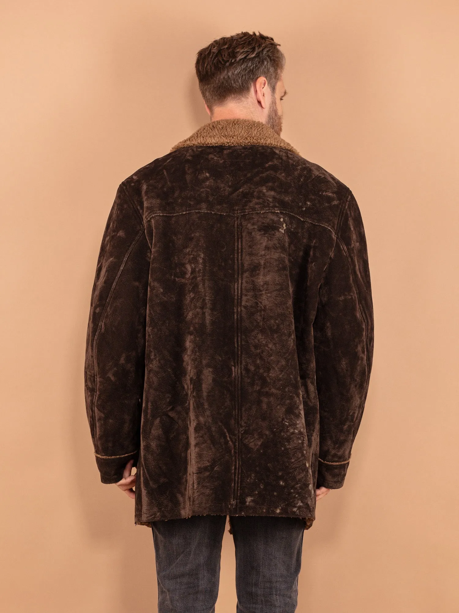 Vintage 90's Men Faux Sheepskin Coat in Brown