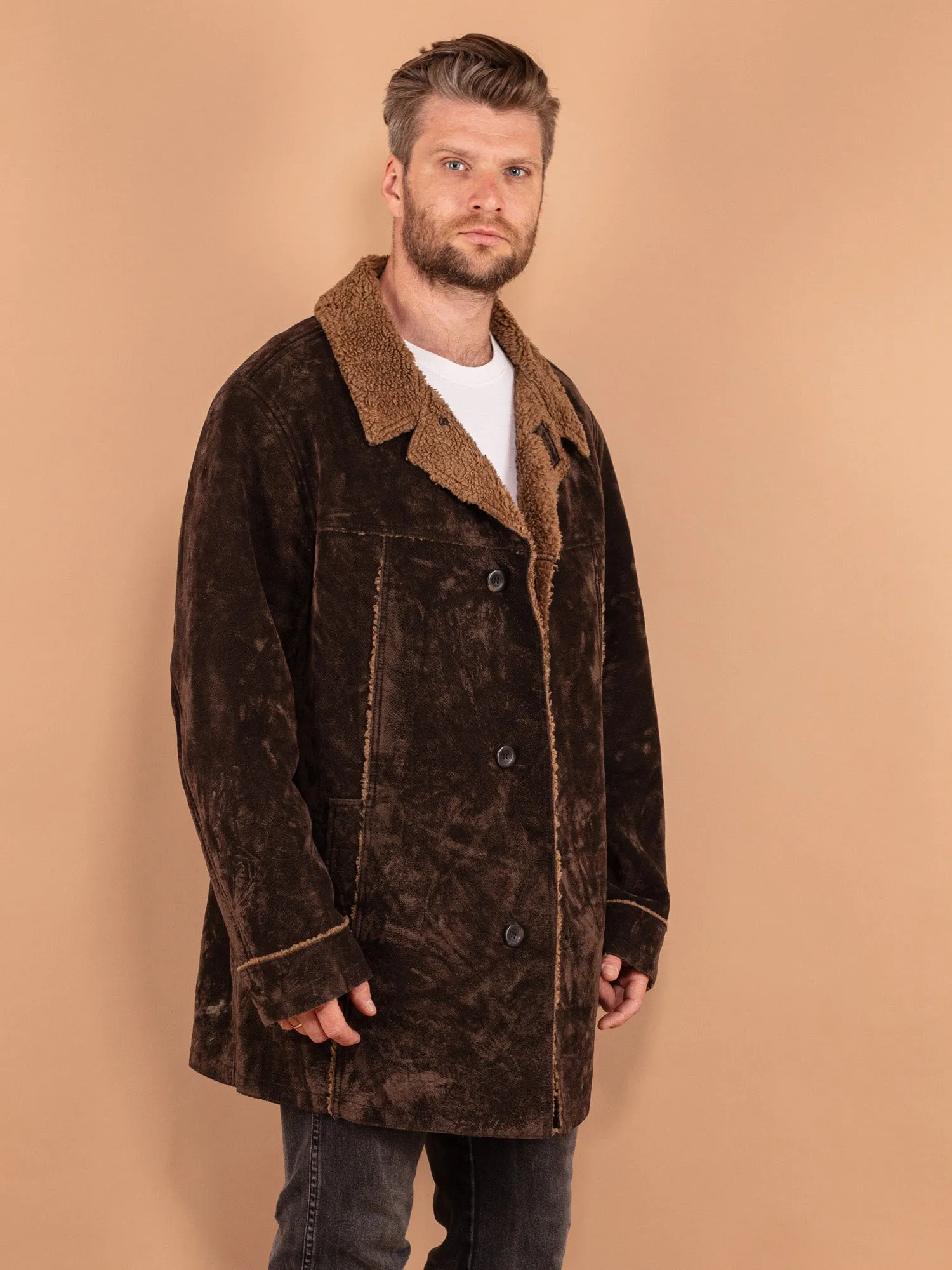 Vintage 90's Men Faux Sheepskin Coat in Brown