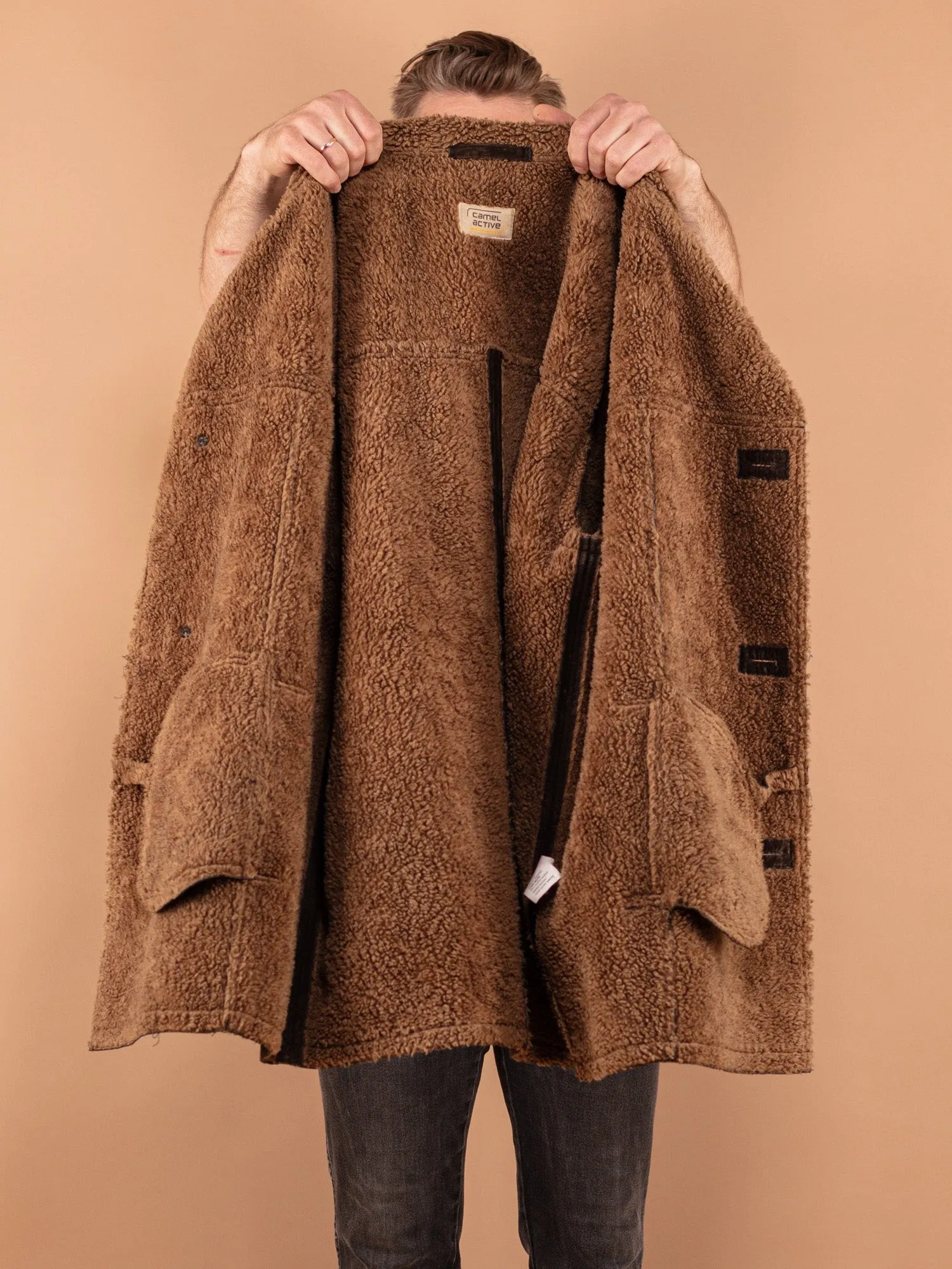 Vintage 90's Men Faux Sheepskin Coat in Brown