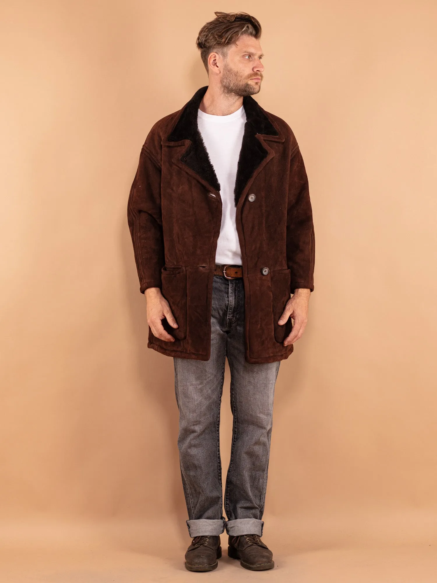 Vintage 90's Men Sheepskin Coat in Brown