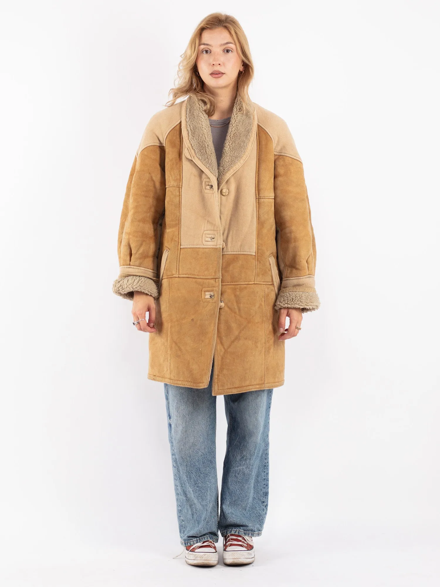 Vintage 90's Women Faux Sheepskin Coat in Beige