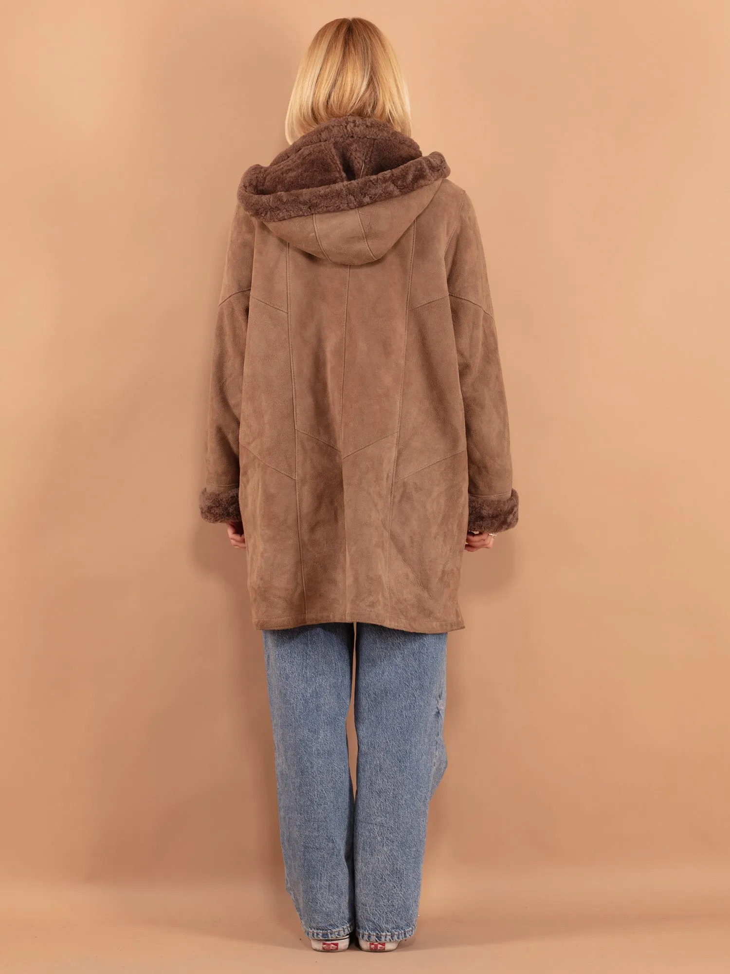 Vintage 90's Women Hooded Sheepskin Coat in Beige