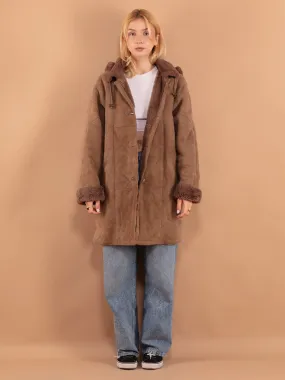 Vintage 90's Women Hooded Sheepskin Coat in Beige